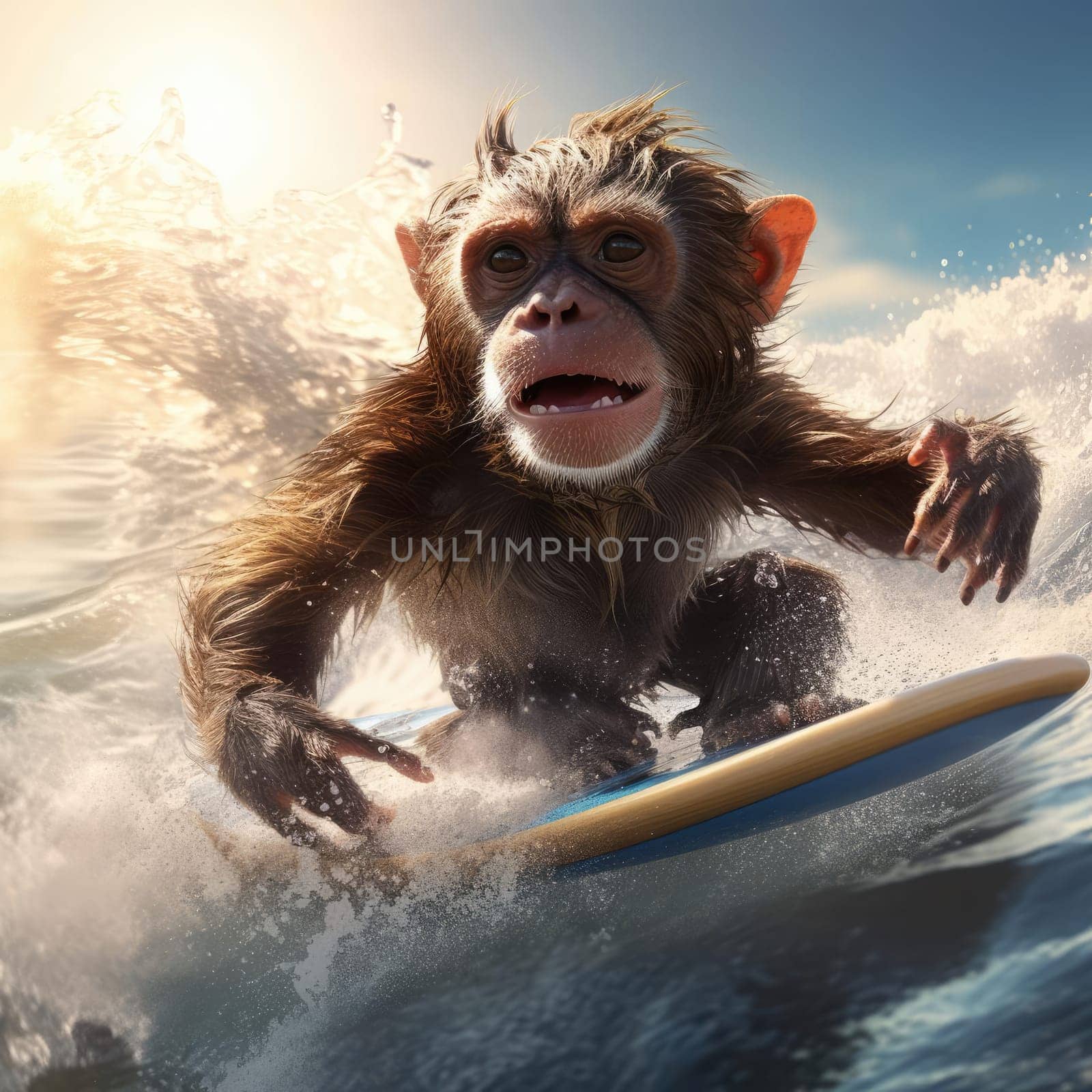 Monkey on surfboard swimming in the sea by cherezoff