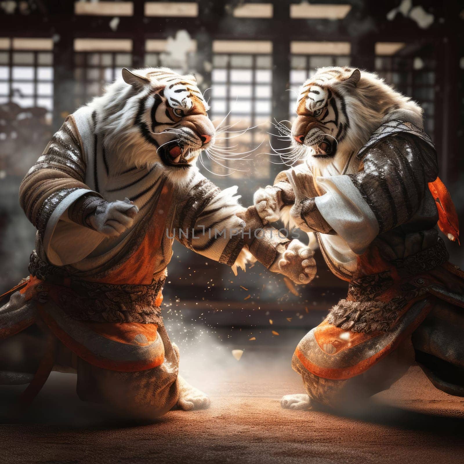 Two tigers fight on the tatami. Poster for martial arts school