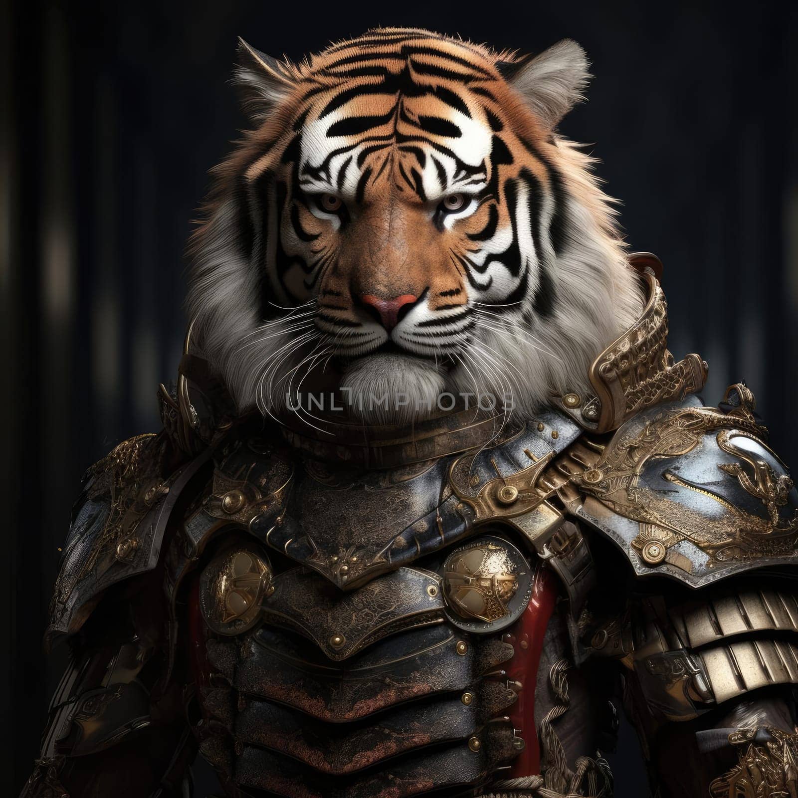 Harsh brutal tiger in samurai clothes on a dark background