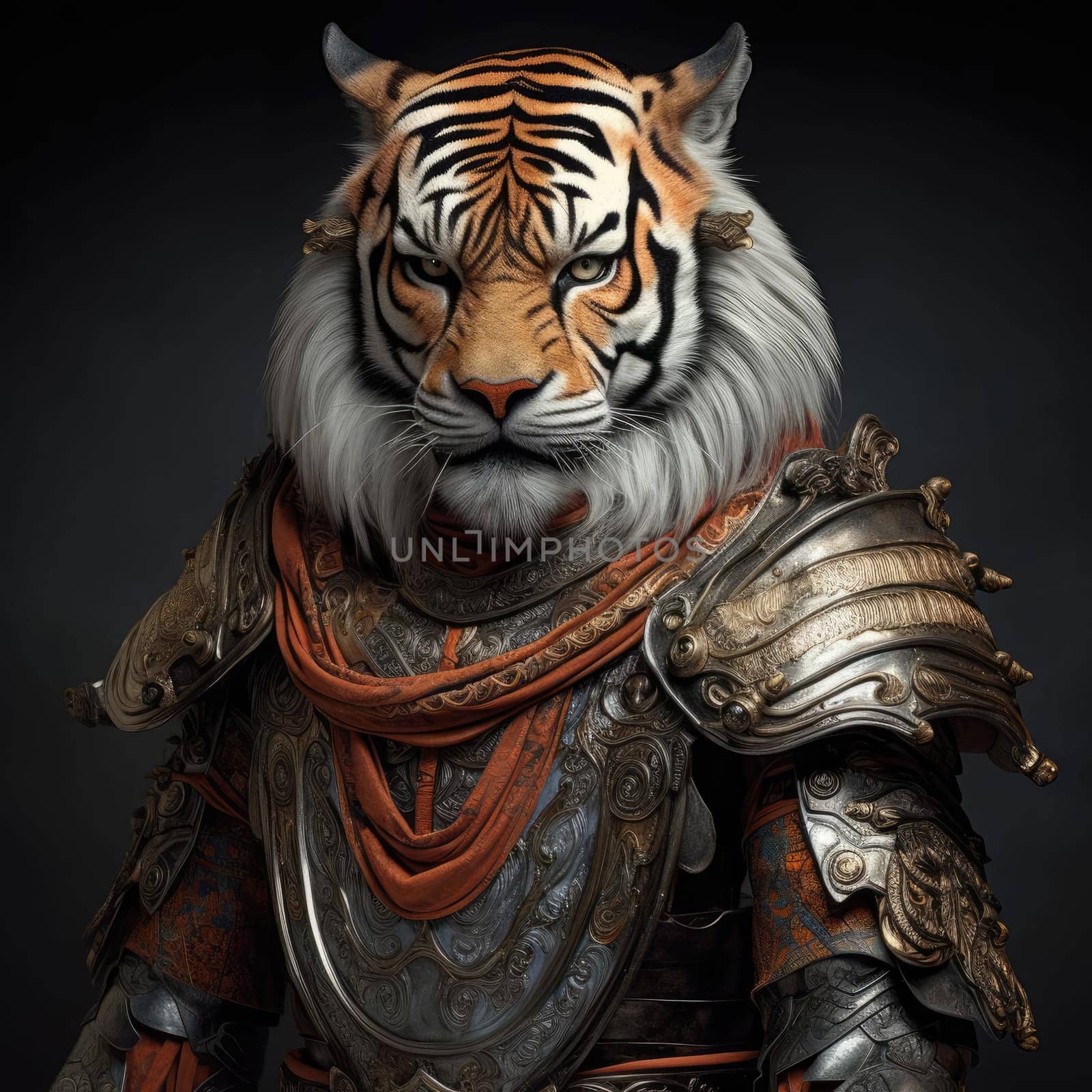 Harsh brutal tiger in samurai clothes on a dark background