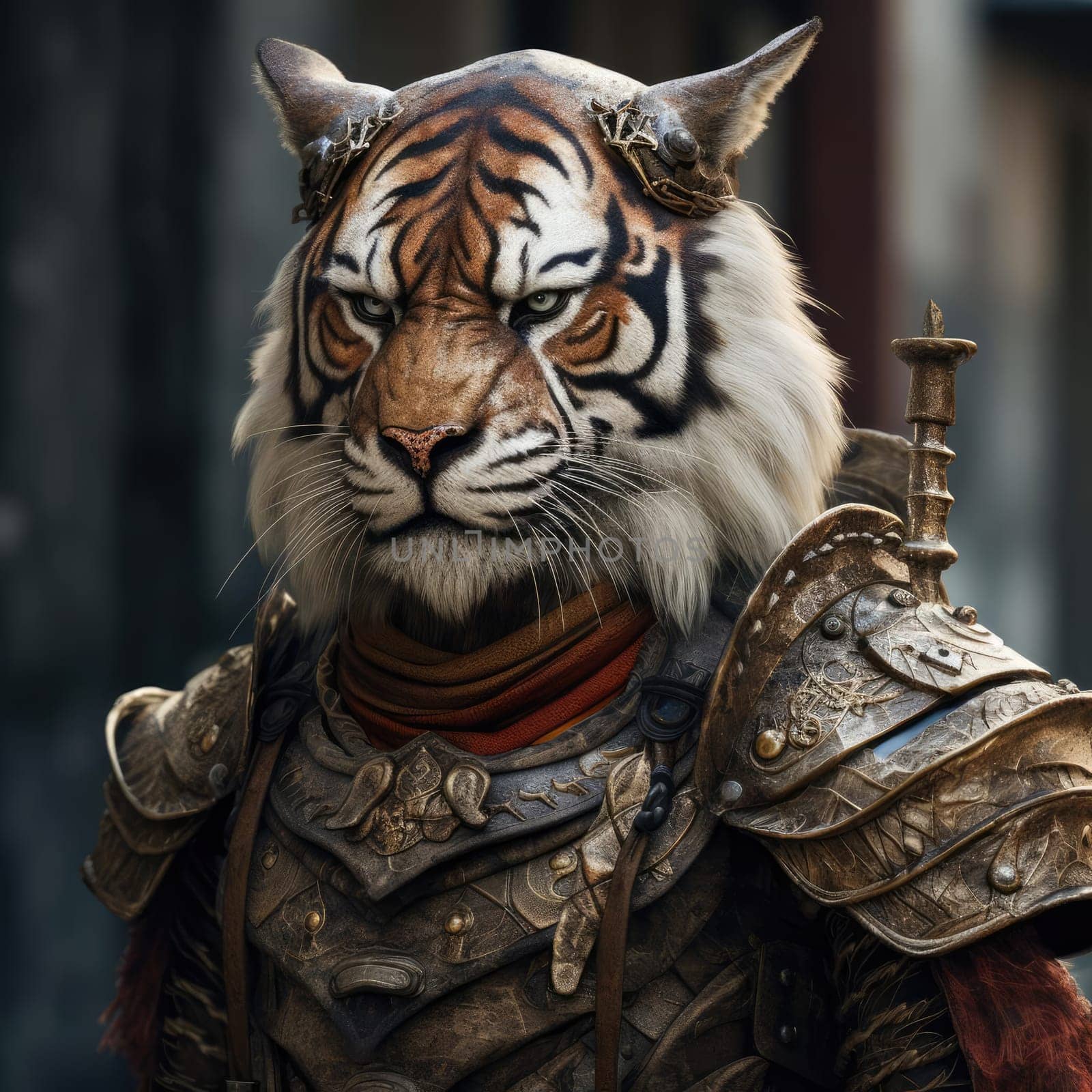 Harsh brutal tiger in samurai clothes on a dark background