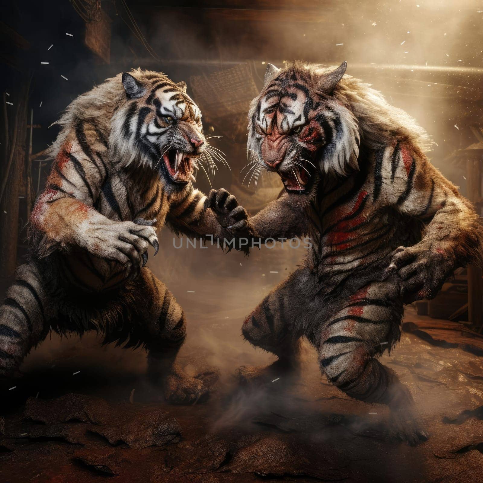 Two tigers fight on the tatami. Poster for martial arts school