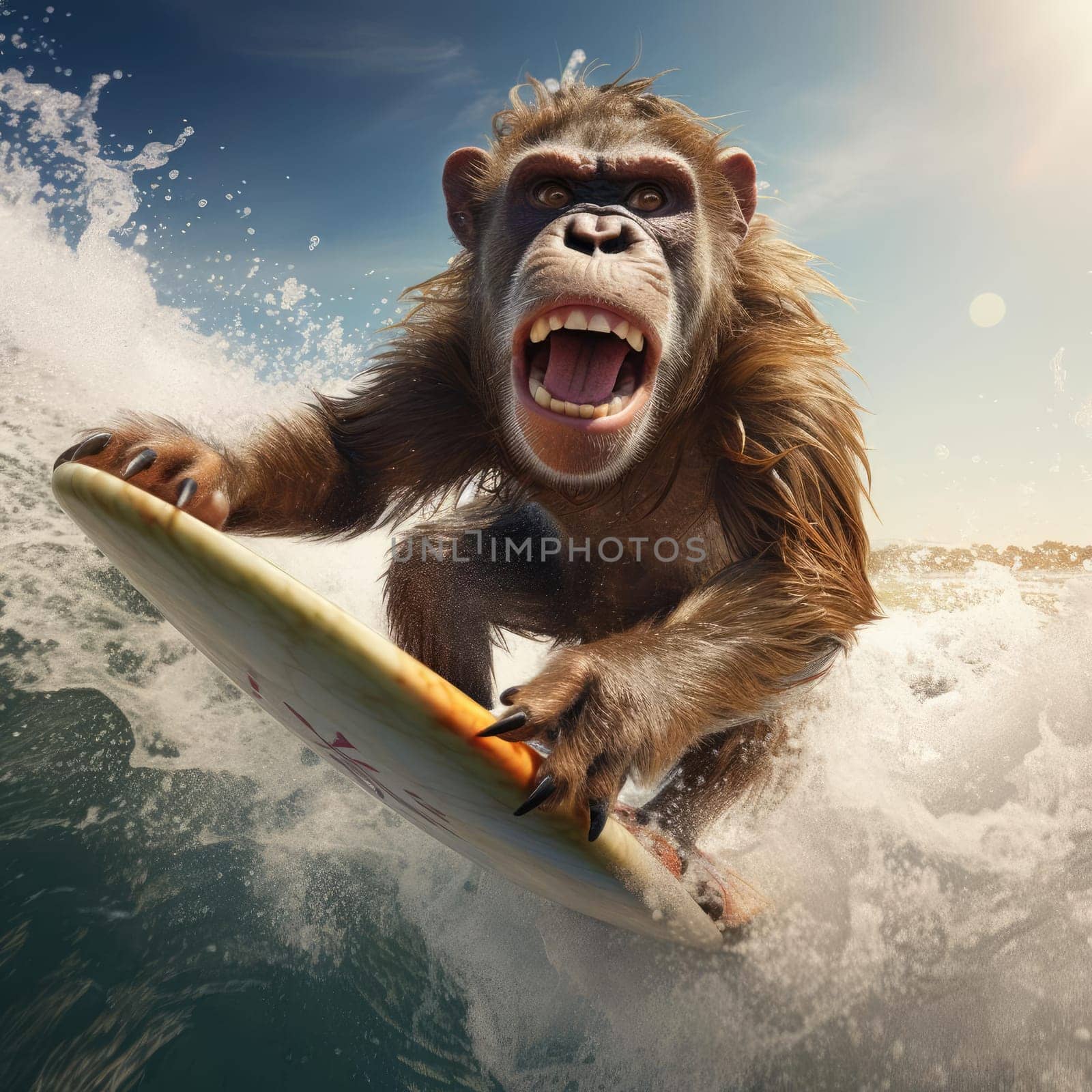 Monkey on surfboard swimming in the sea by cherezoff