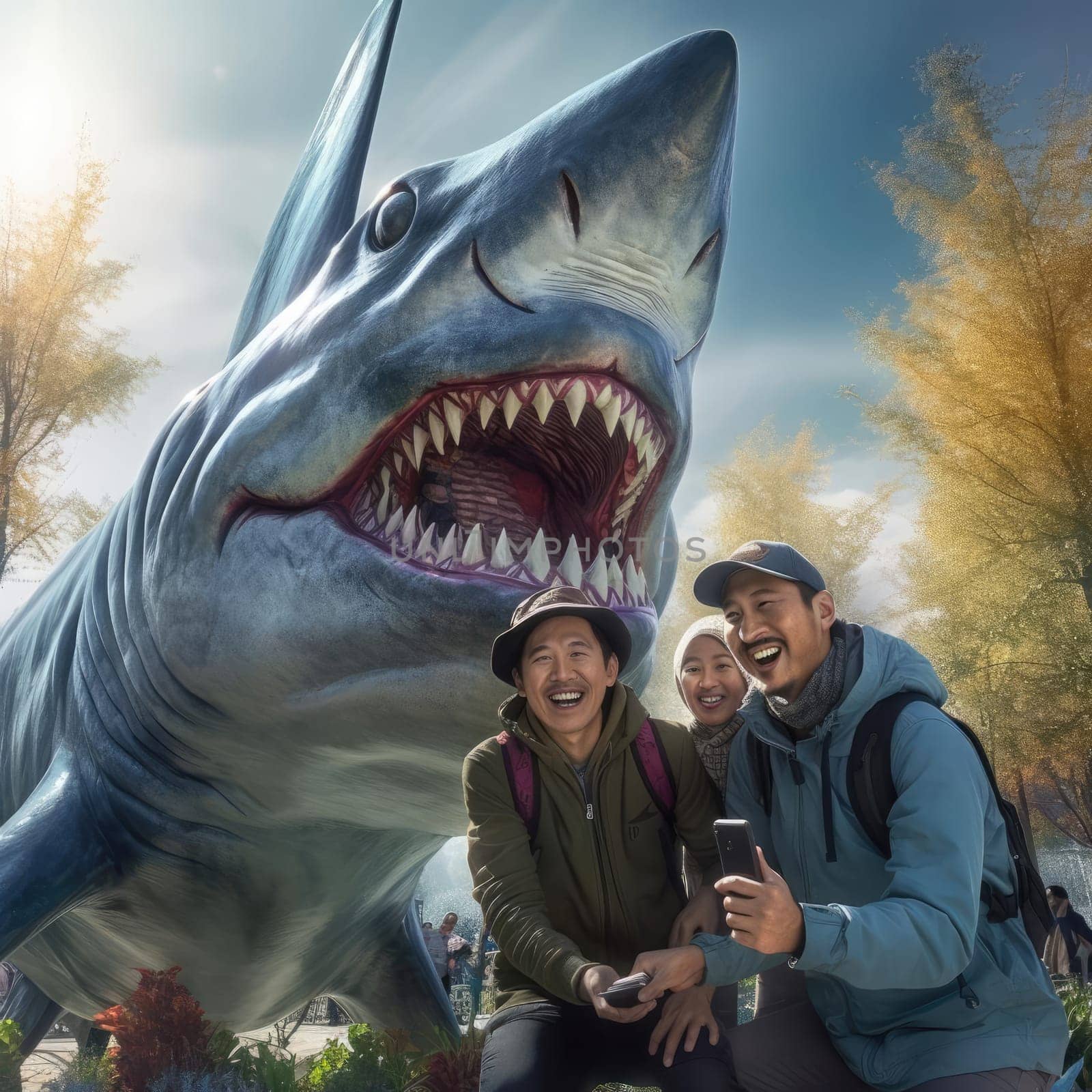 Joyful people take selfies with a huge shark. Rest