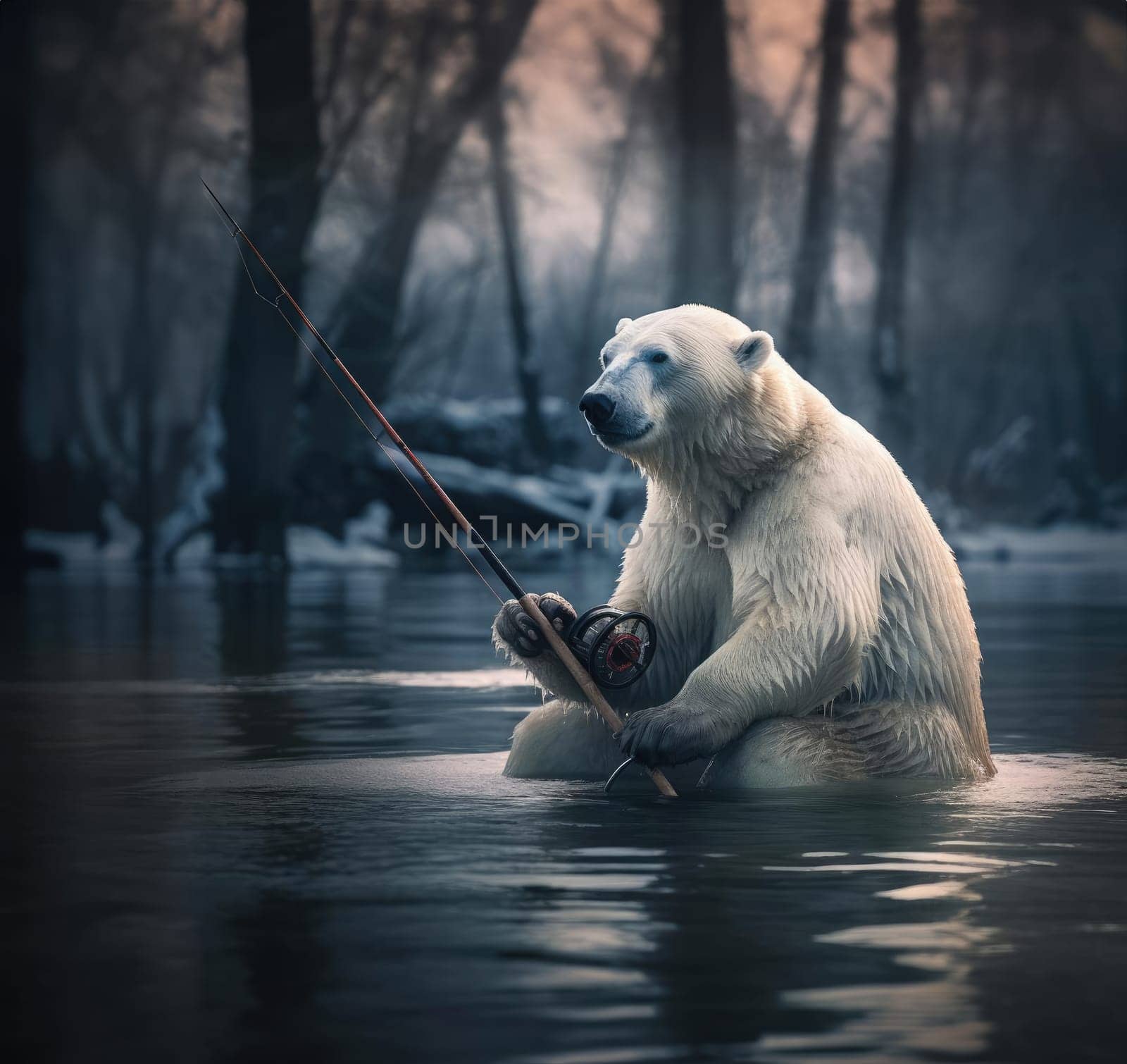 Polar bear fishing with a fishing rod. Poster for advertising a fish processing plant