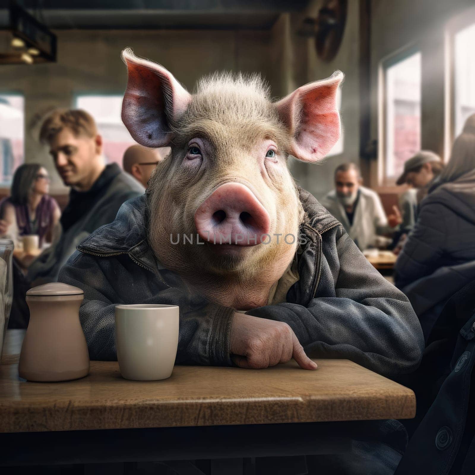 A big pig sits in a cafe among people. The concept of human characteristics
