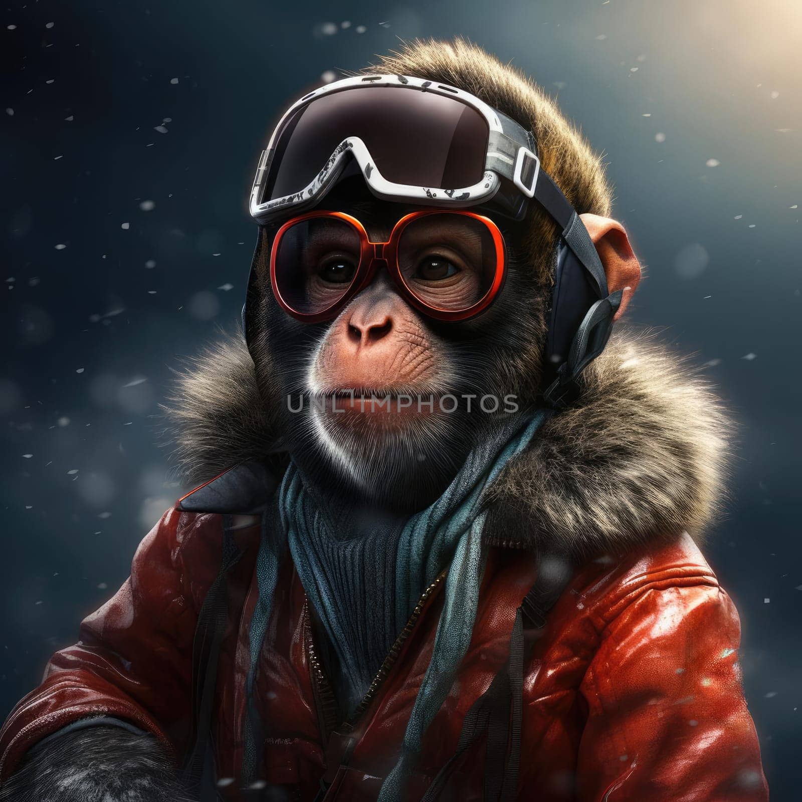 Monkey in winter in a down jacket. The concept of winter clothing