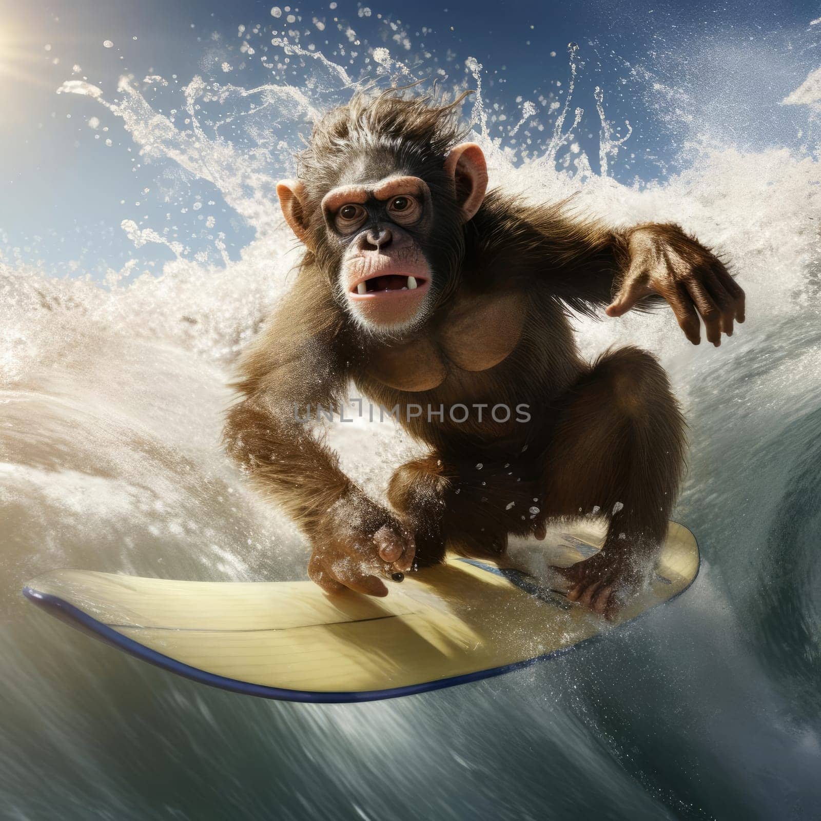 A monkey swims on a wave on a surfboard. Leisure concept