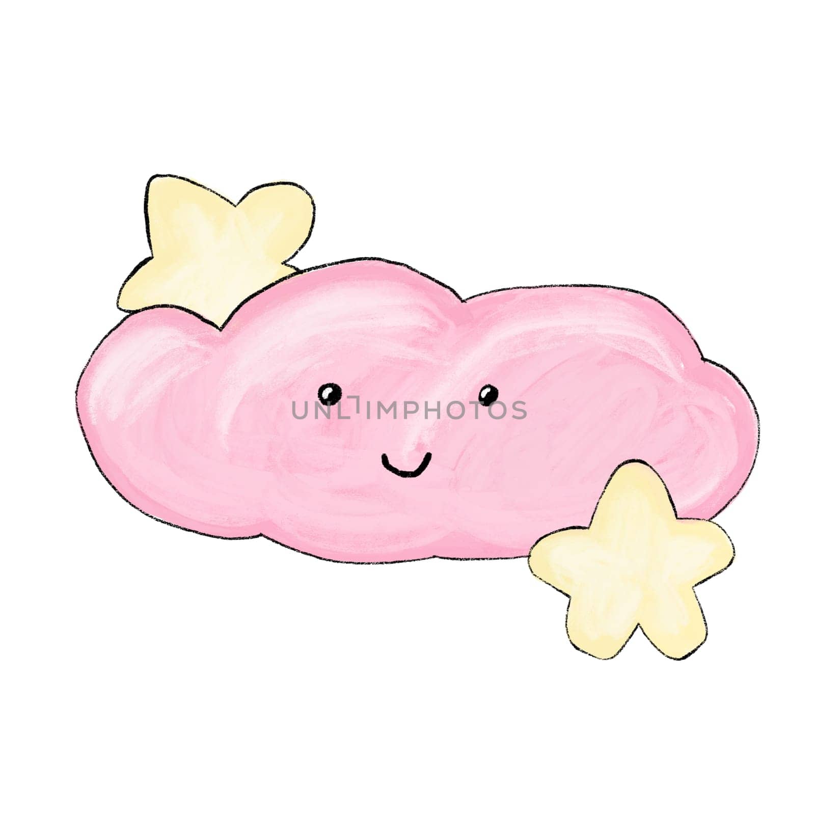 Hand drawn illustration of pink cute cloud with yellow night stars. Funny nursery design for kids children, simple minilamist character anture sleeping baby room poster decor. by Lagmar