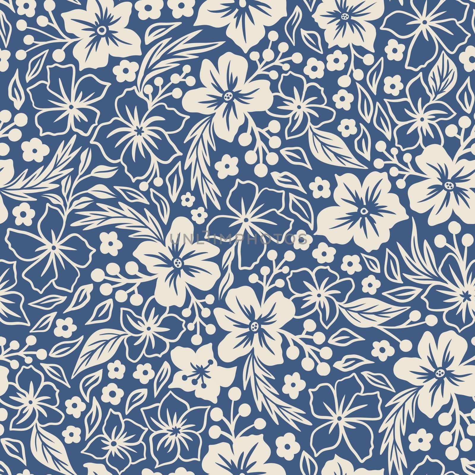 Hand drawn seamless pattern with blue white flowers berries leaves in Chinoiserie wedgewood style. Elegant botanical illustration bloom blossom spring summer garden, bouquet textile fabric wallpaper, realistic romantic vintage print. by Lagmar
