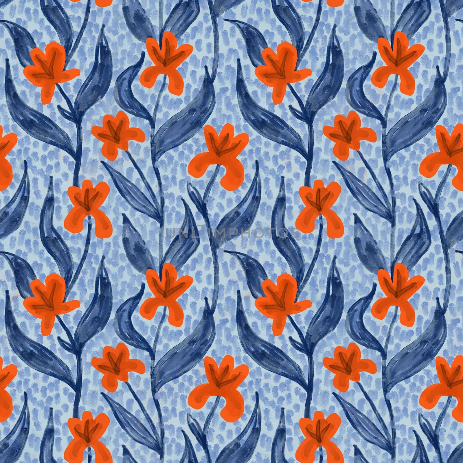 Hand drawn seamless pattern with orange blue flower floral elements, ditsy summer spring botanical nature print, bloom blossom stylized petals. Retro vintage fabric design, cute dots nature