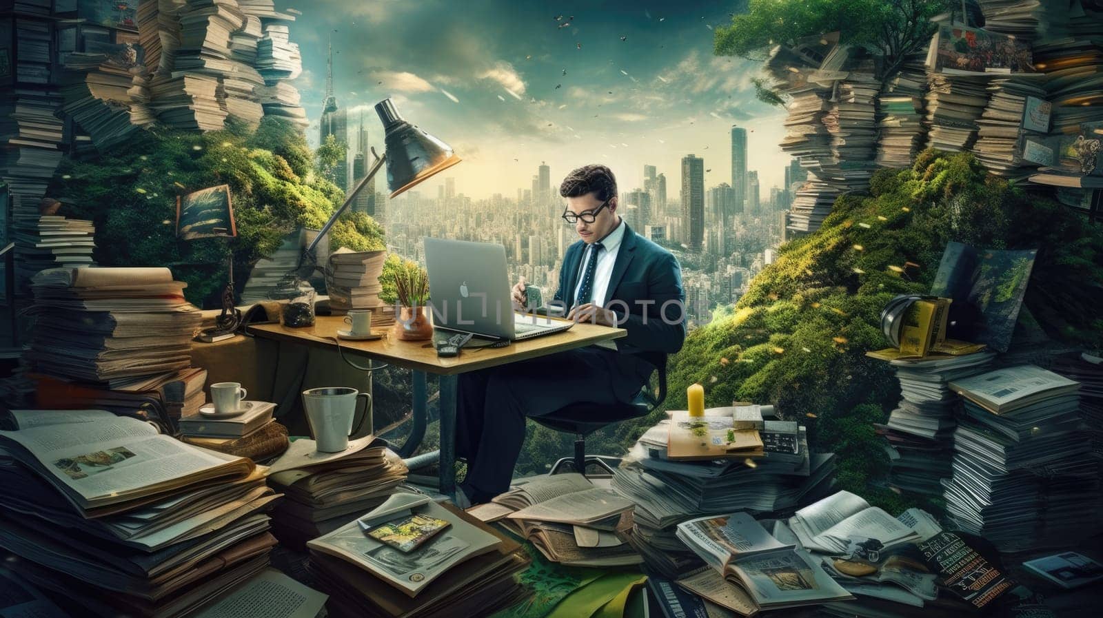 A workaholic man sitting at a desk and working at laptop surrounded by tons of papers and other documents. Generative AI AIG30. by biancoblue