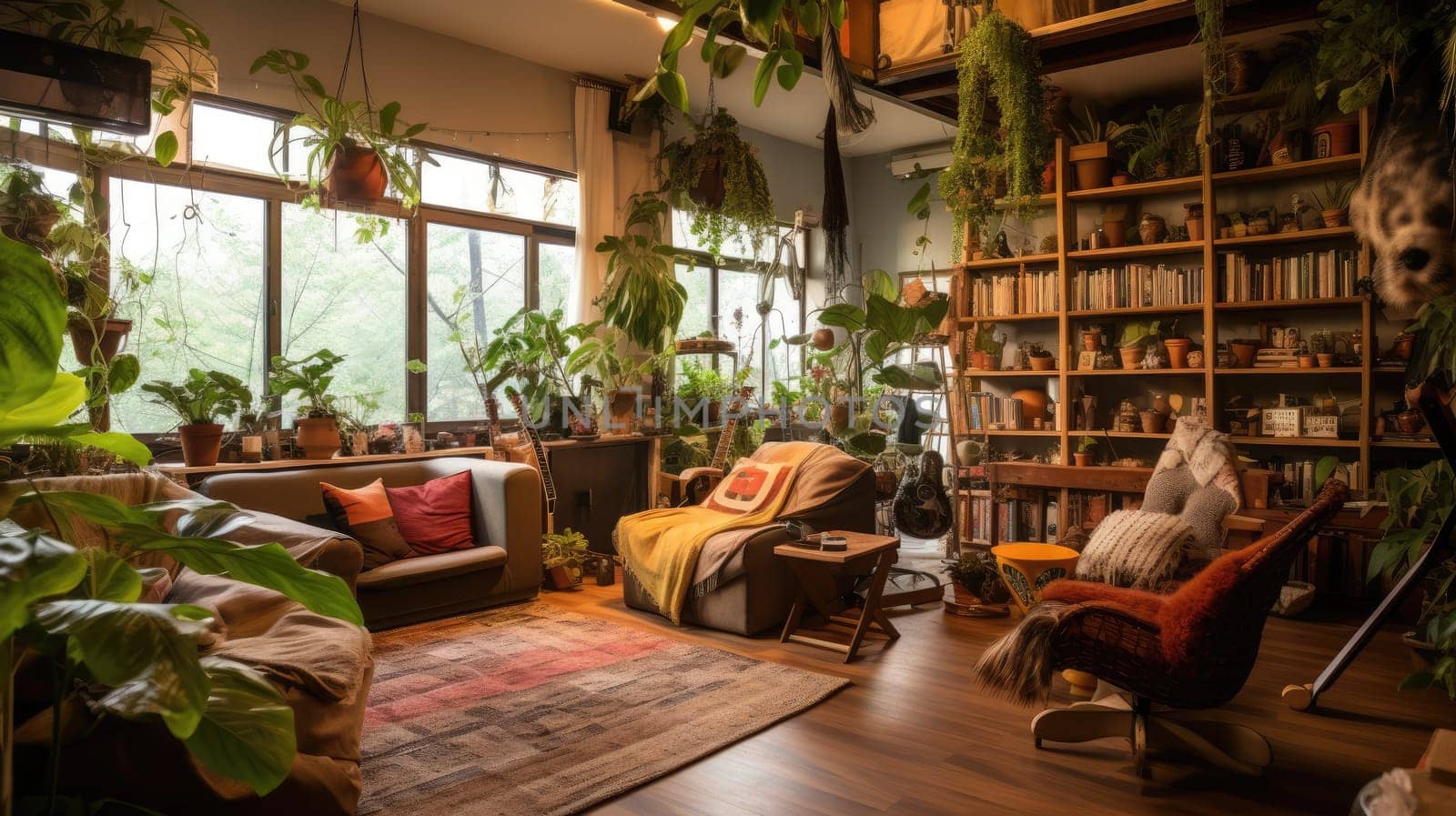 Inspiring office interior design Bohemian style Co-working featuring Eclectic vibe architecture. Generative AI AIG 31.