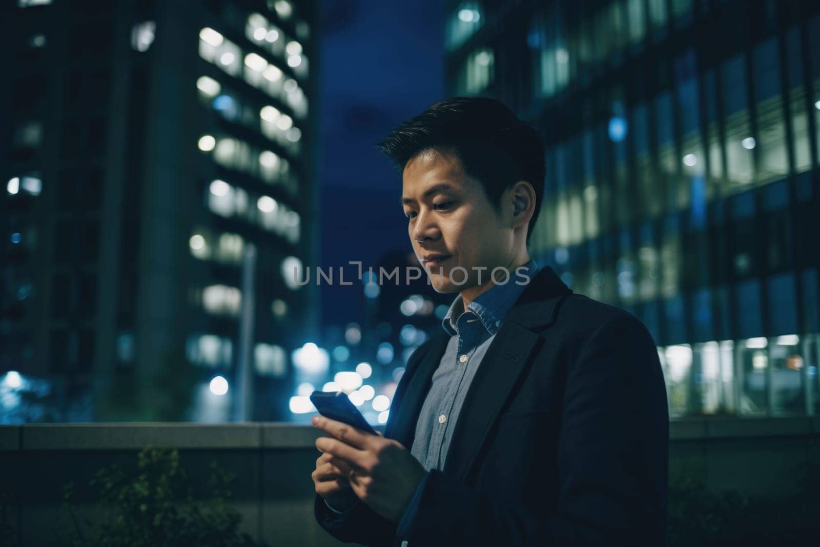 Wide angle shot of a young chinese japanese businessman executive using mobile phone with background of modern office buildings at night. Generative AI AIG18.