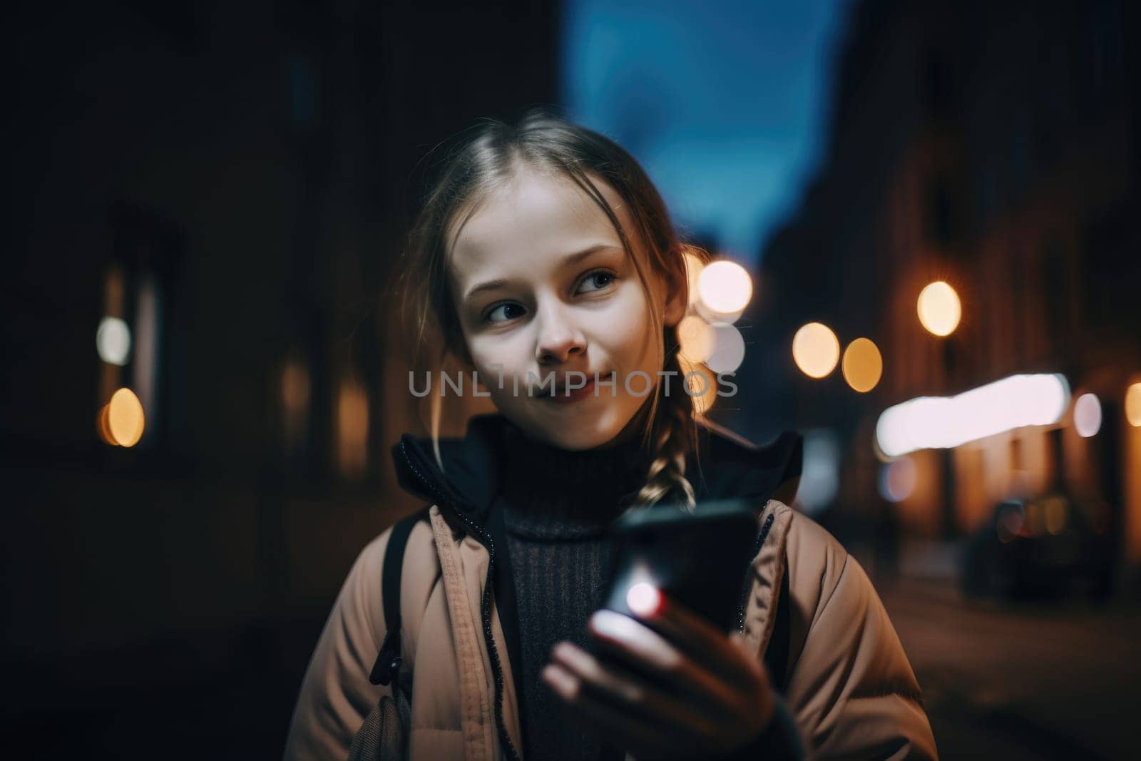 Low angle shot of a young caucasian 10-year-old little girl trendy clothes using mobile phone with background of urban city street at night. Generative AI AIG18.