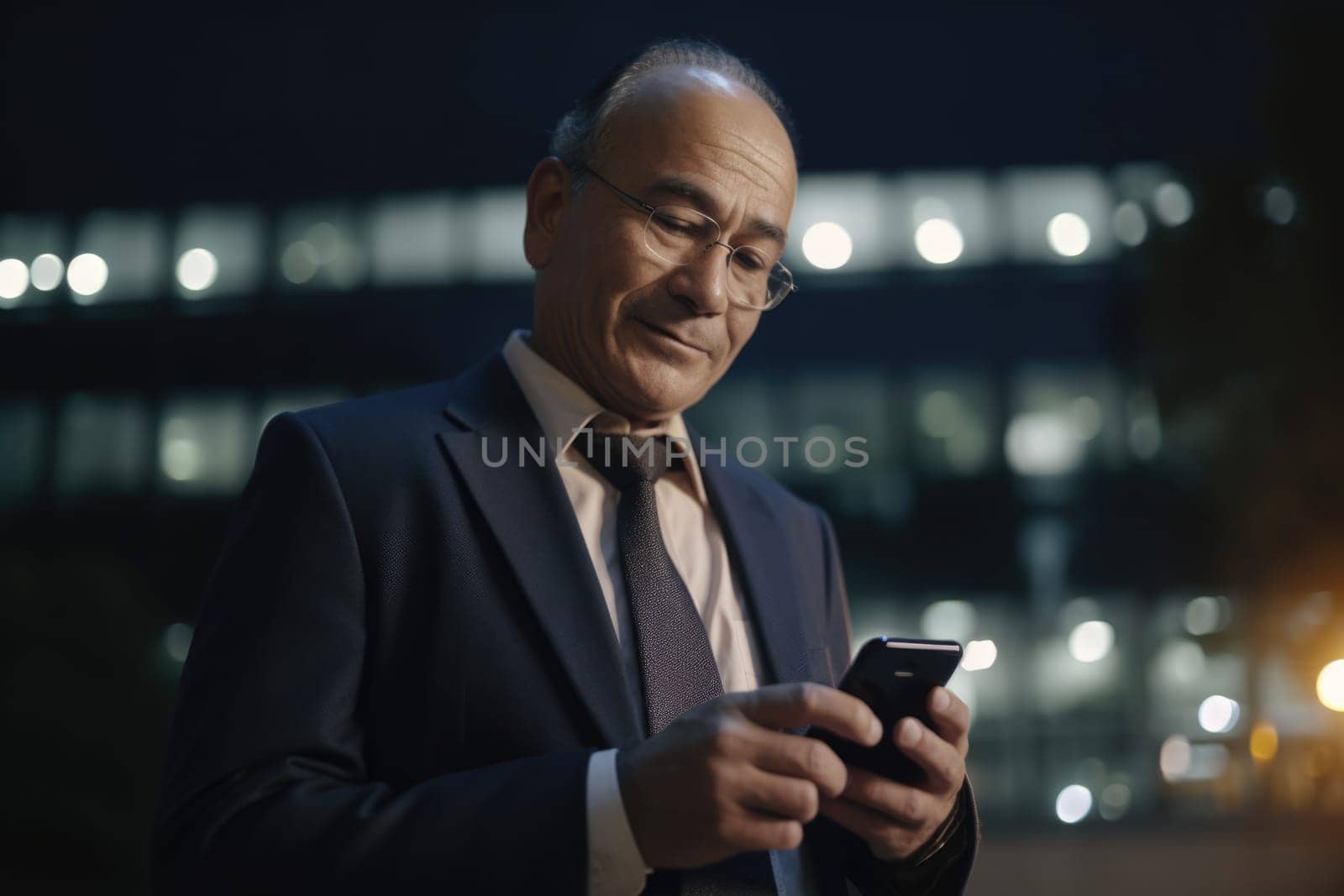a senior mexican hispanic businessman executive using mobile phone with background of modern office buildings at night Generative AI AIG18.
