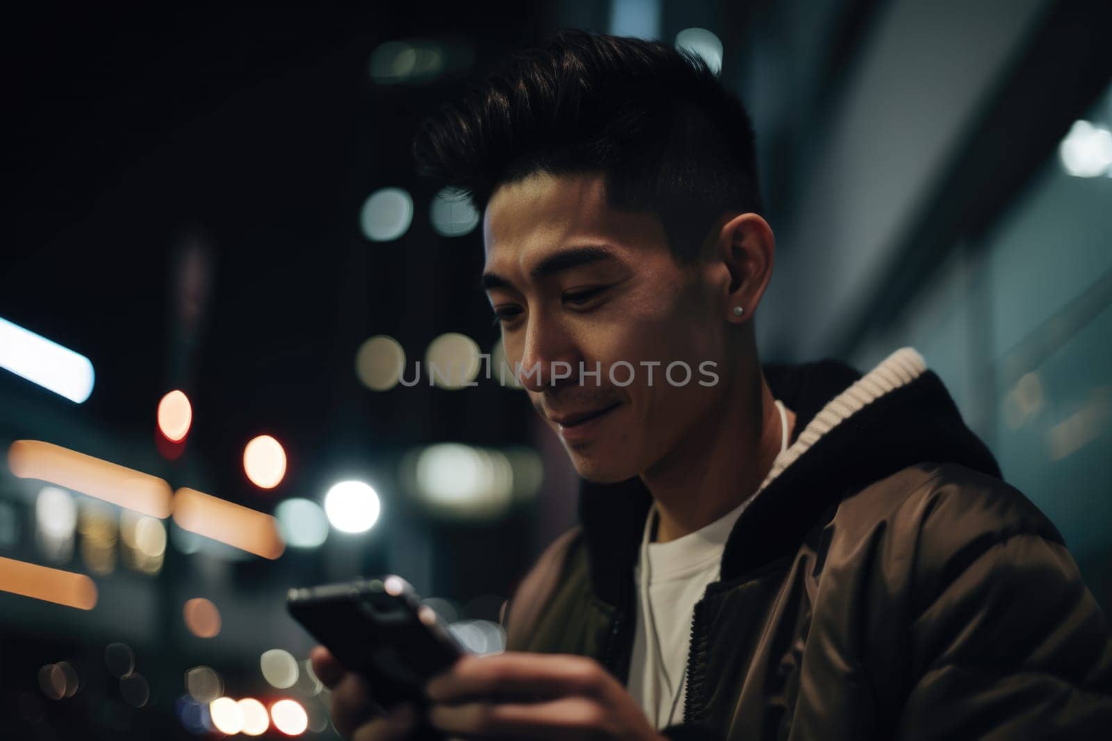 Low angle shot of a young chinese japanese man trendy clothes using mobile phone with background of urban city street at night. Generative AI AIG18. by biancoblue