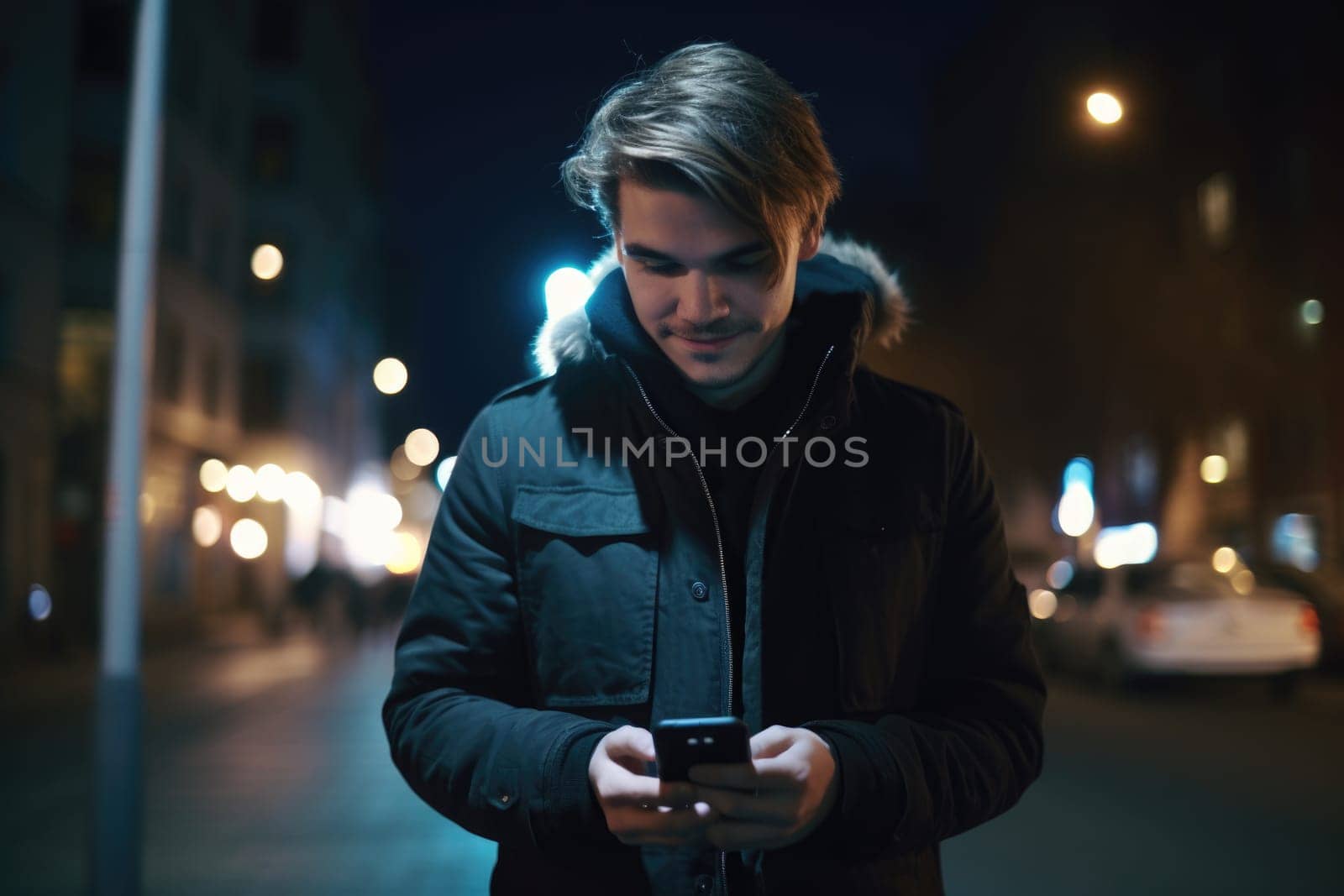 Wide angle shot of a young caucasian man trendy clothes using mobile phone with background of urban city street at night. Generative AI AIG18.