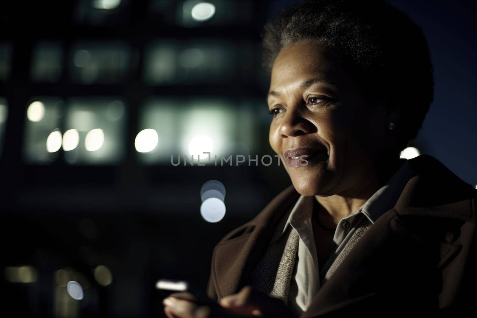 Wide angle shot of a senior african-american businesswoman executive using mobile phone with background of modern office buildings at night. Generative AI AIG18.