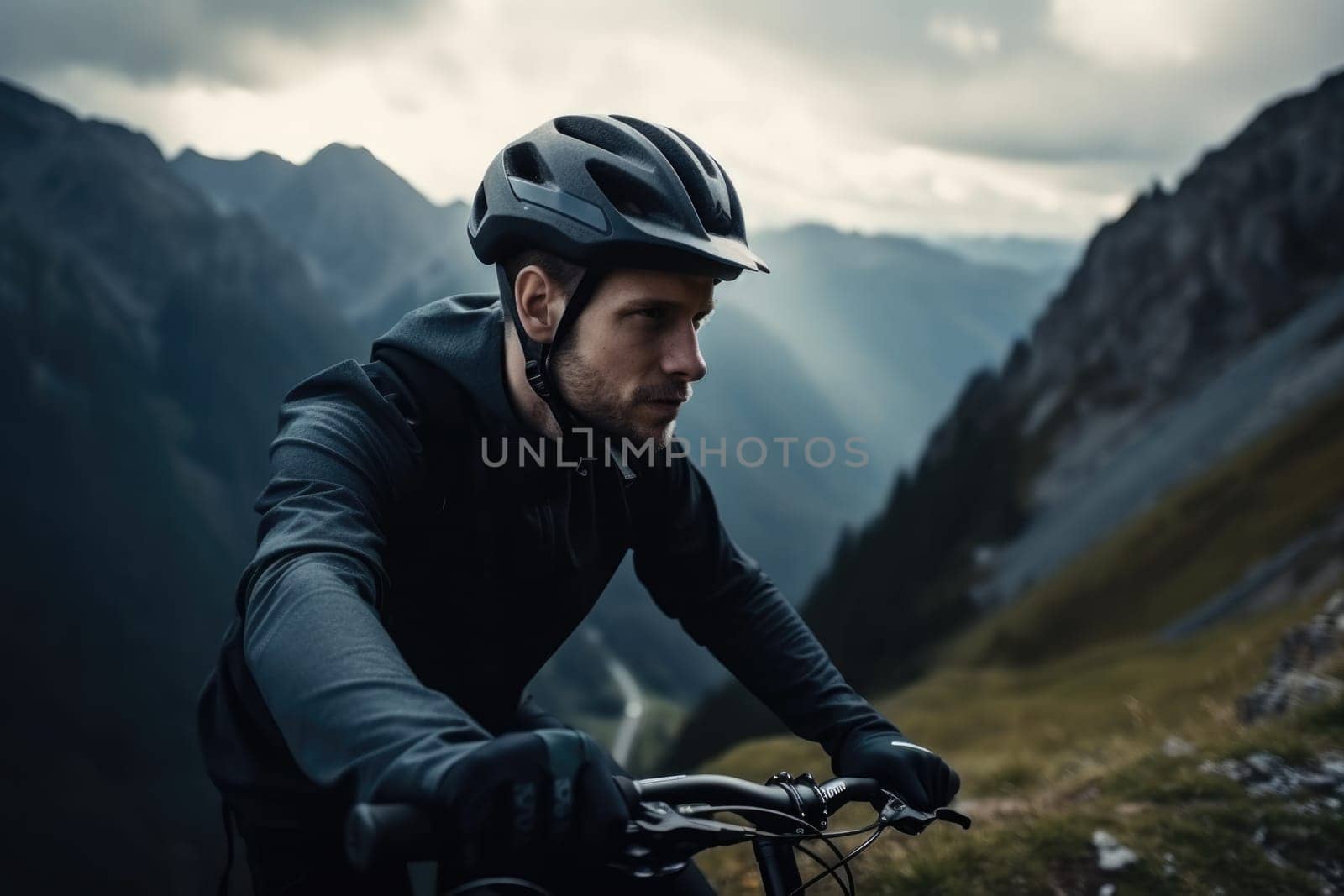 Active male cyclist riding bike on a mountain. Generative AI AIG18.
