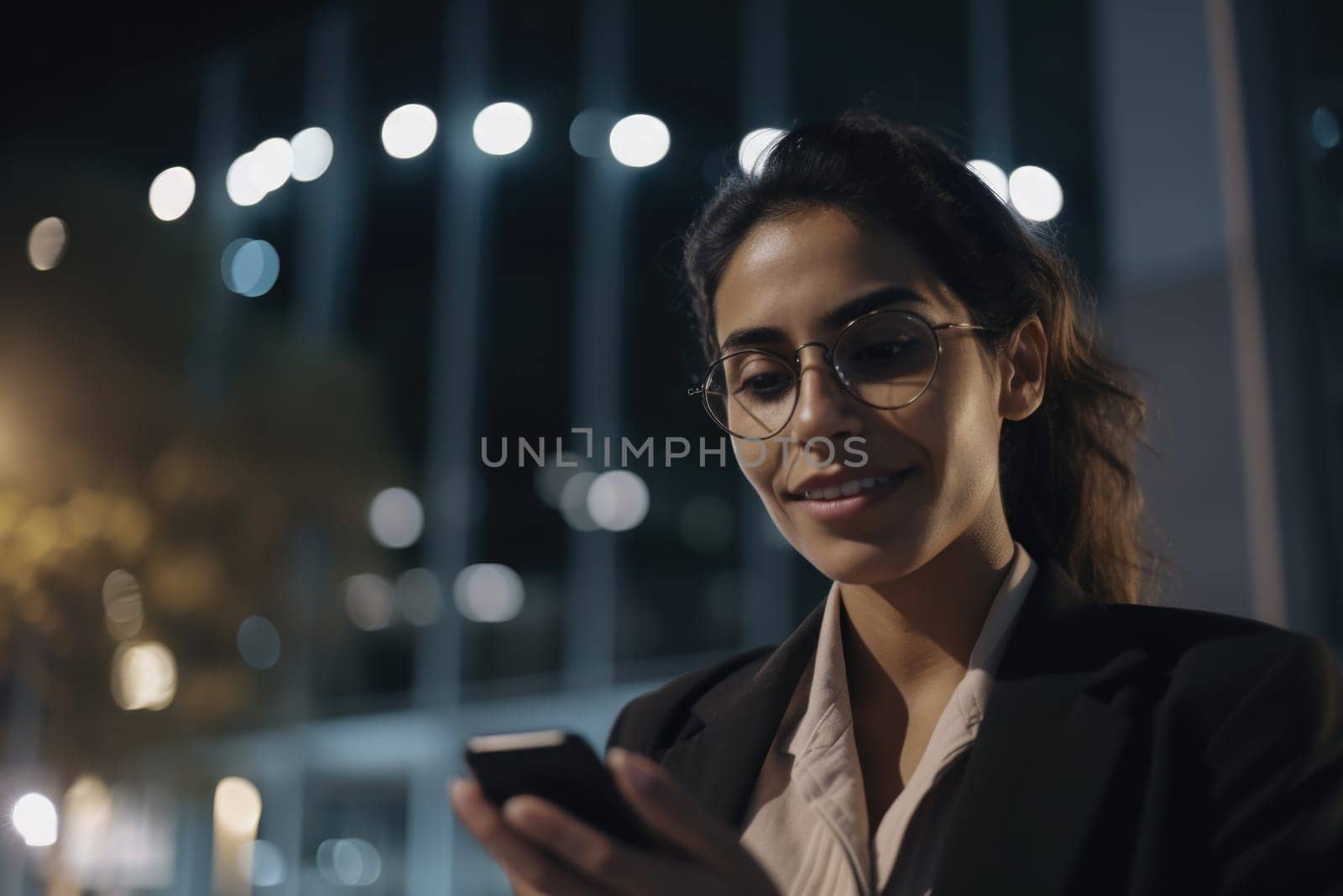 a young mexican hispanic businesswoman executive using mobile phone with background of modern office buildings at night Generative AI AIG18.