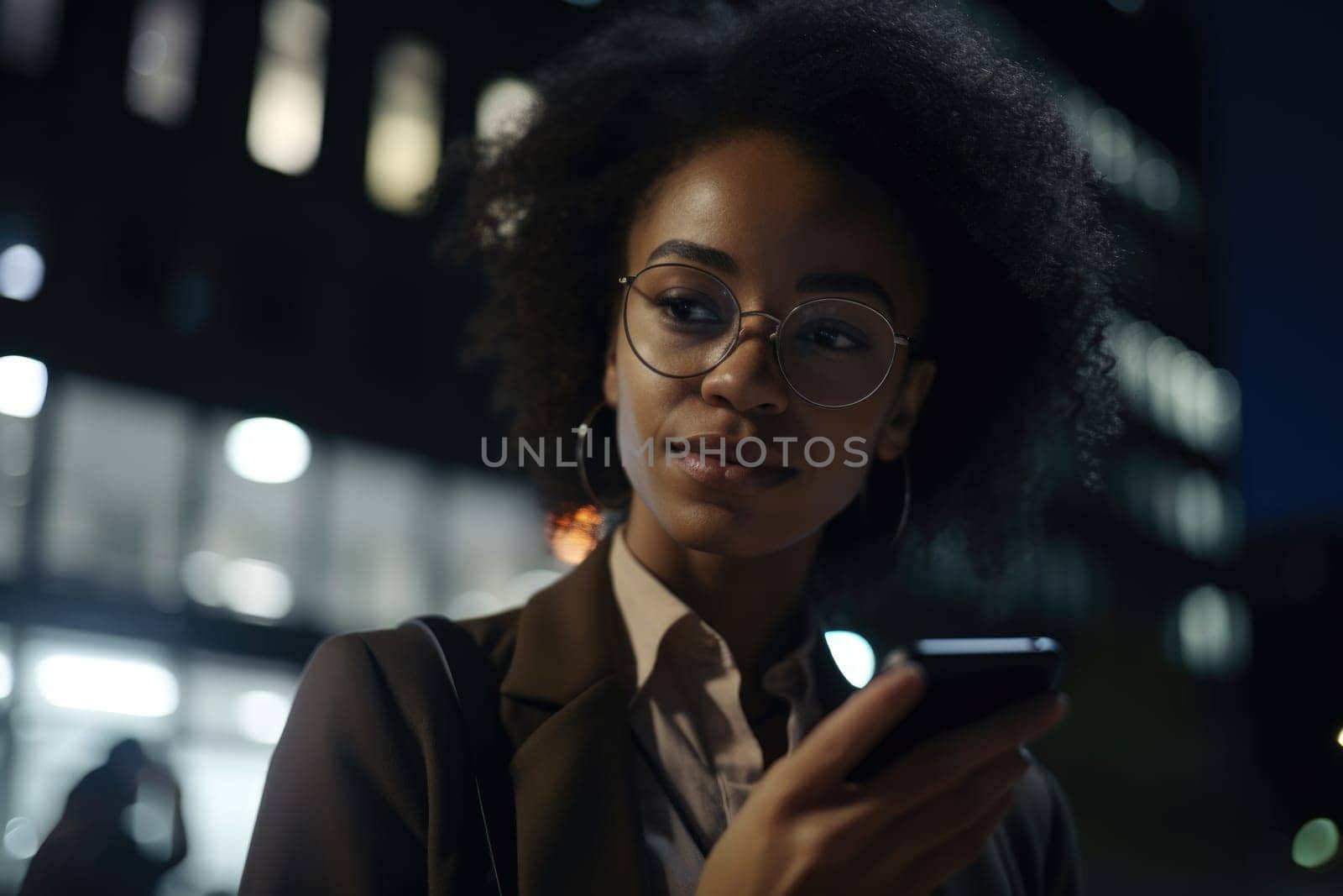 a young african-american woman trendy clothes using mobile phone with background of urban city street at night Generative AI AIG18. by biancoblue