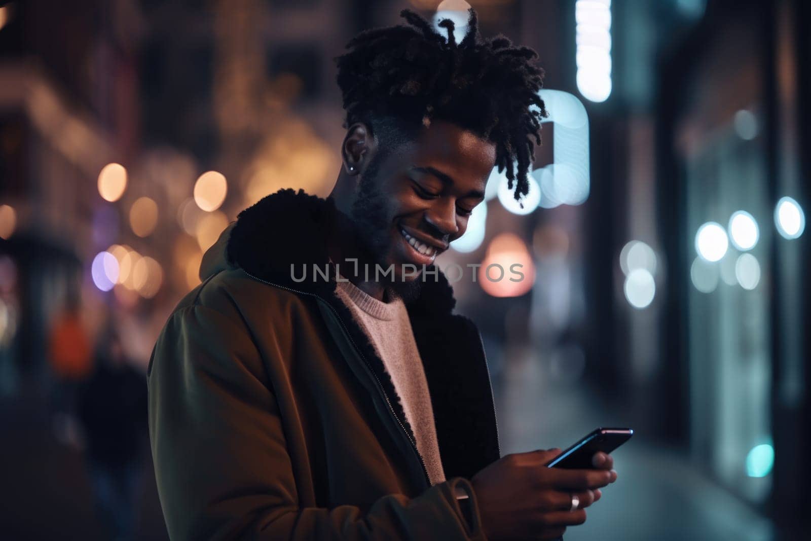 Low angle shot of a young african-american man trendy clothes using mobile phone with background of urban city street at night. Generative AI AIG18.