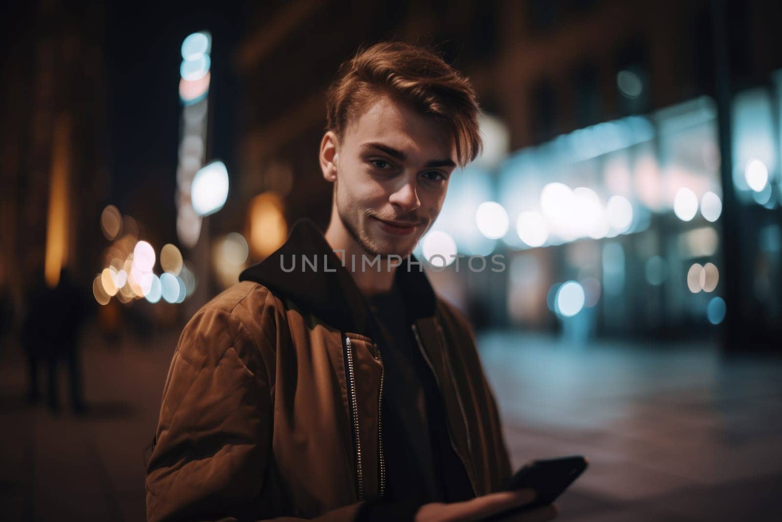 Wide angle shot of a young caucasian man trendy clothes using mobile phone with background of urban city street at night. Generative AI AIG18. by biancoblue