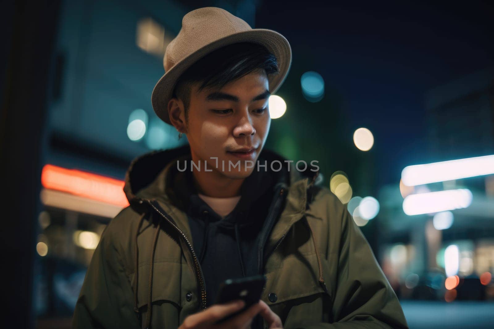 Low angle shot of a young chinese japanese man trendy clothes using mobile phone with background of urban city street at night. Generative AI AIG18. by biancoblue