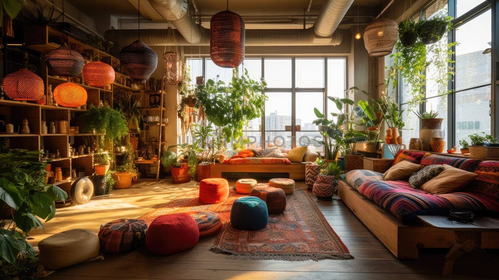 Inspiring office interior design Bohemian style Co-working featuring Eclectic vibe architecture. Generative AI AIG 31.