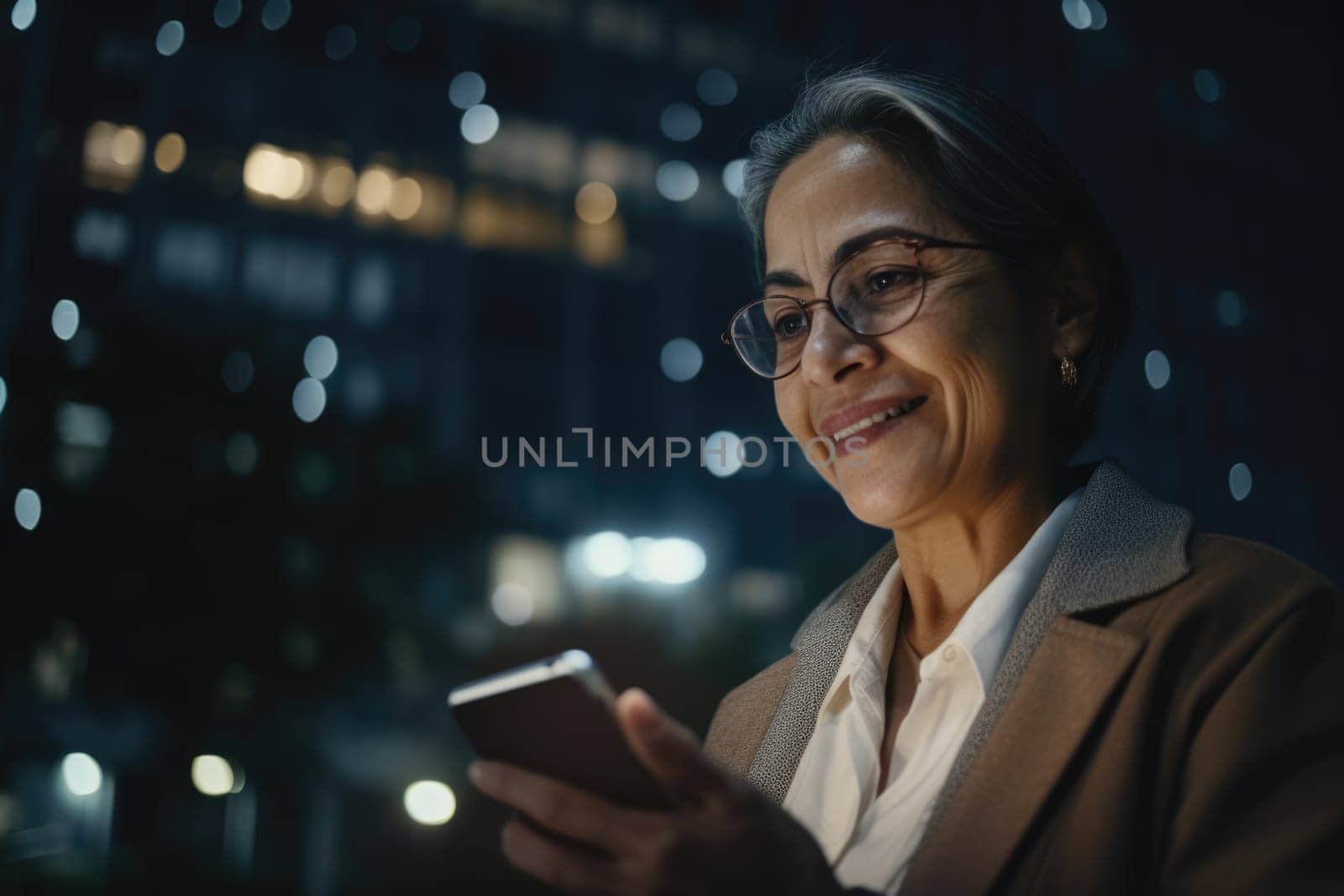 a senior mexican hispanic businesswoman executive using mobile phone with background of modern office buildings at night Generative AI AIG18. by biancoblue