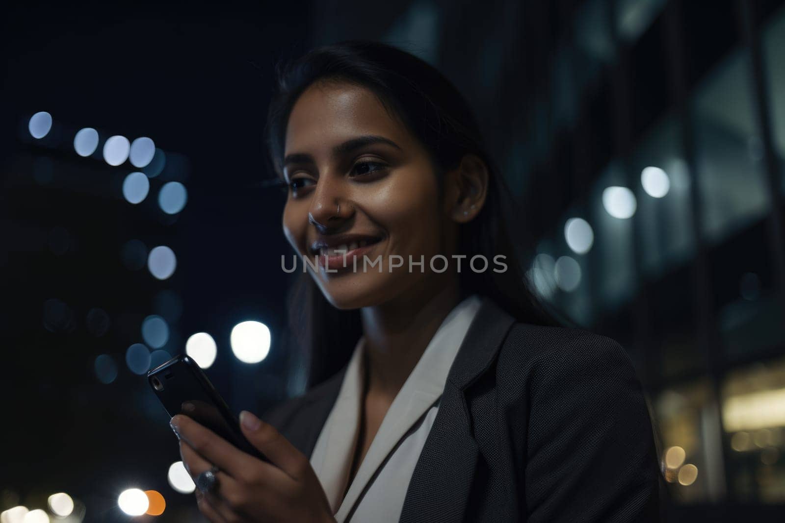 a young mexican hispanic businesswoman executive using mobile phone with background of modern office buildings at night Generative AI AIG18.
