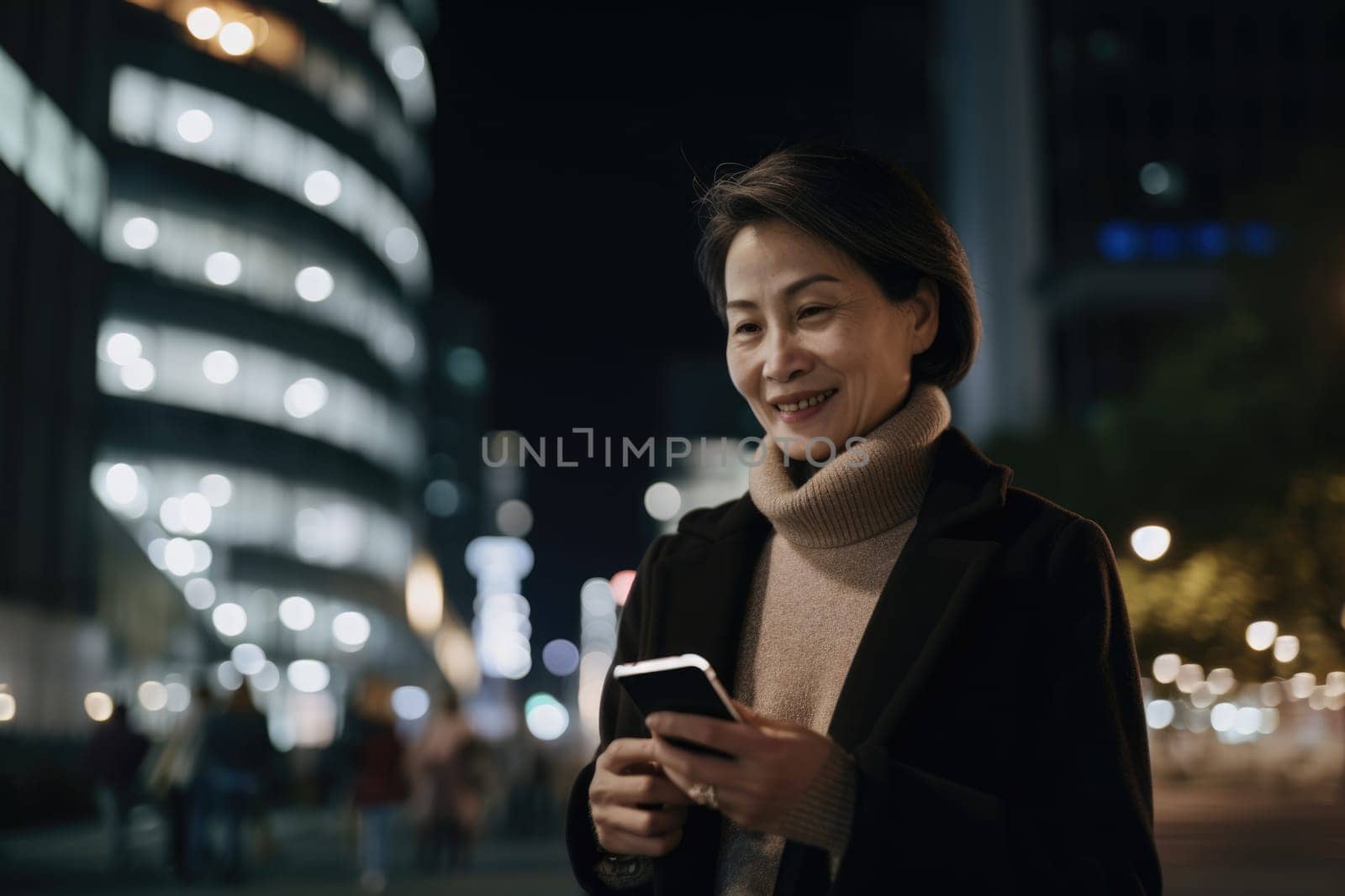 Wide angle shot of a senior chinese japanese businesswoman executive using mobile phone with background of modern office buildings at night. Generative AI AIG18. by biancoblue