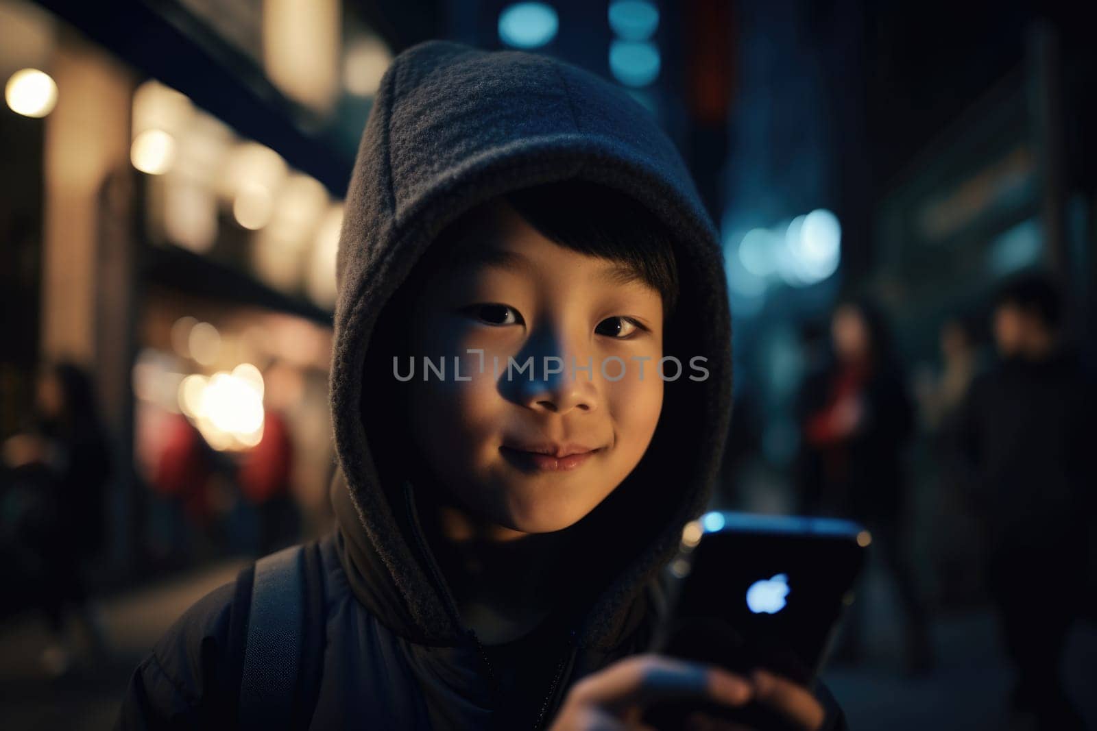 Wide angle shot of a young chinese japanese 10-year-old little boy trendy clothes using mobile phone with background of urban city street at night. Generative AI AIG18. by biancoblue