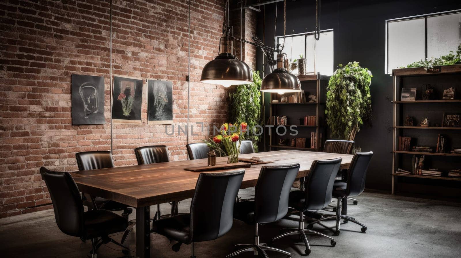 Inspiring office interior design Industrial style Conference Room featuring Exposed brick wall architecture. Generative AI AIG 31.