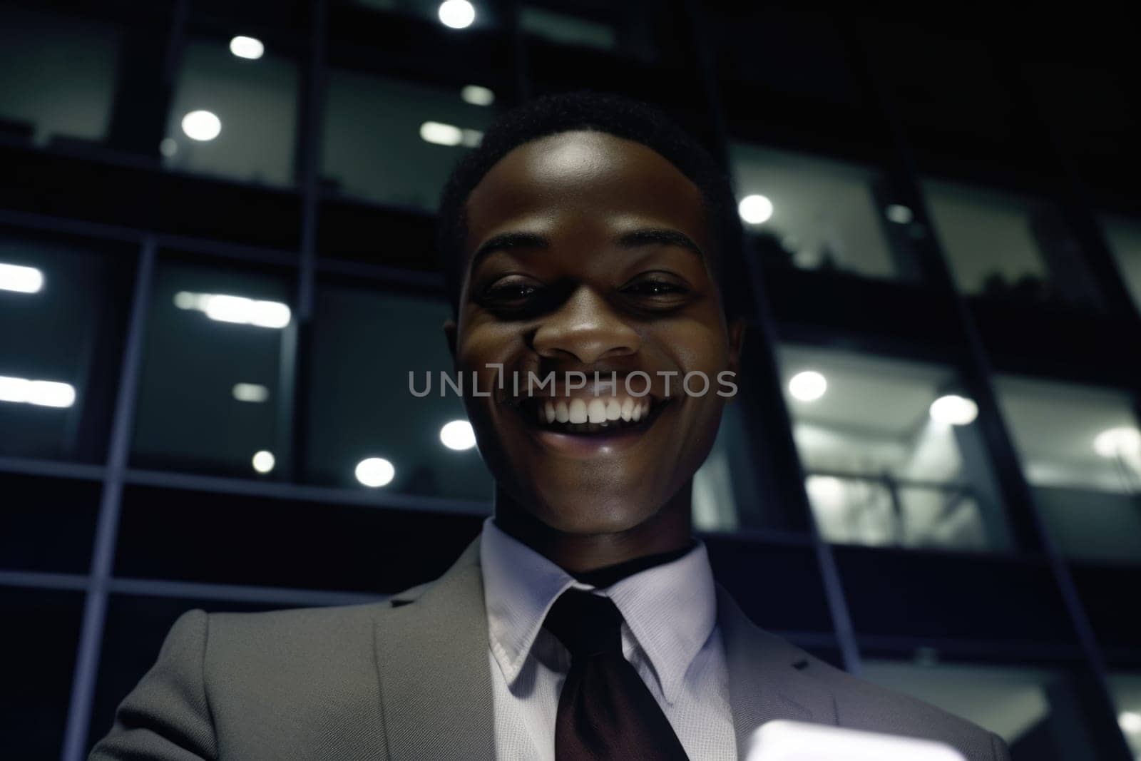 a young african-american businessman executive using mobile phone with background of modern office buildings at night Generative AI AIG18. by biancoblue