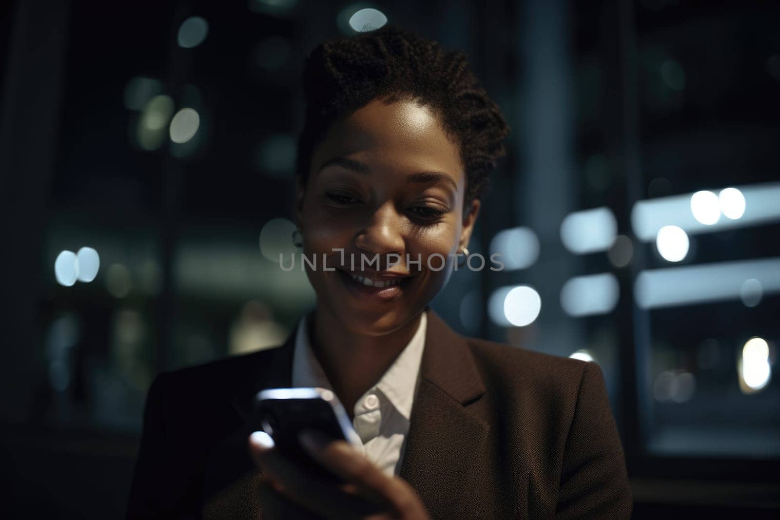 a young african-american woman trendy clothes using mobile phone with background of urban city street at night Generative AI AIG18. by biancoblue