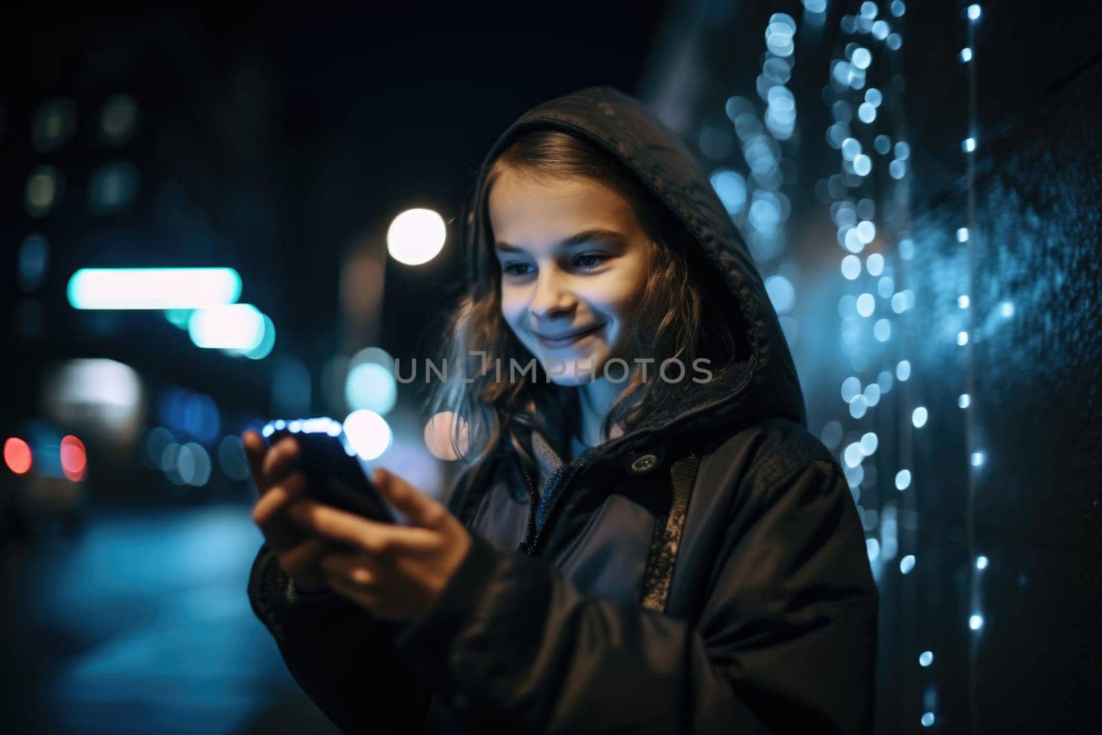 Wide angle shot of a young caucasian 10-year-old little girl trendy clothes using mobile phone with background of urban city street at night. Generative AI AIG18. by biancoblue