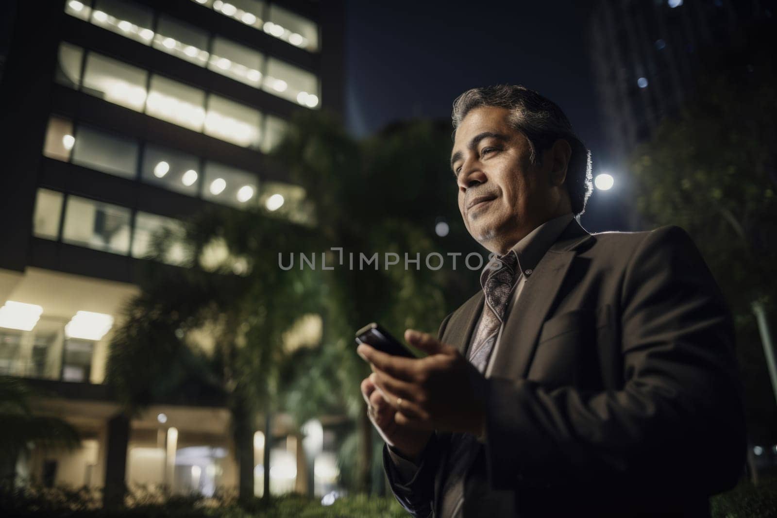 Wide angle shot of a senior mexican hispanic businessman executive using mobile phone with background of modern office buildings at night. Generative AI AIG18.