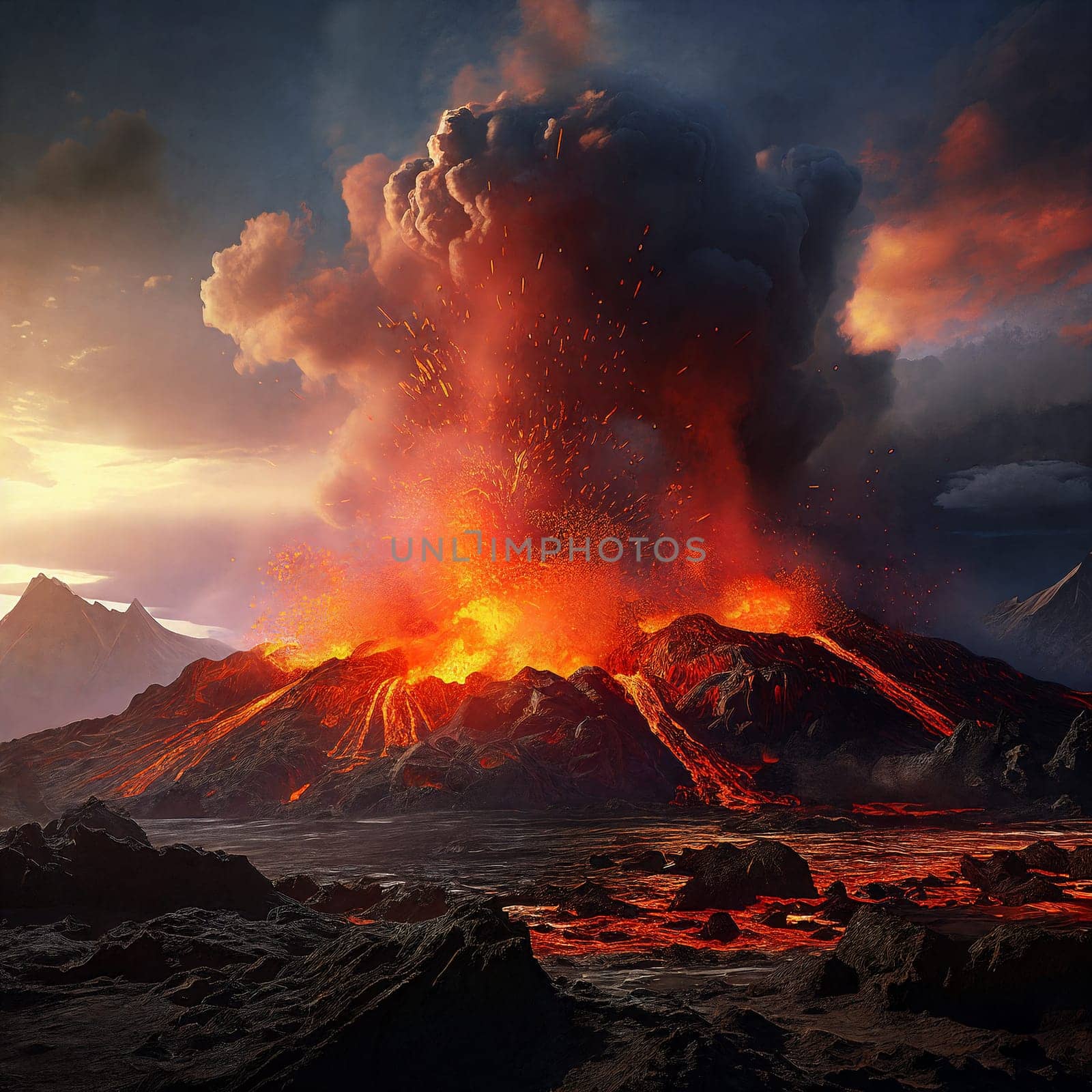 Fiery volcano erupts, chaos unleashed. Generative AI