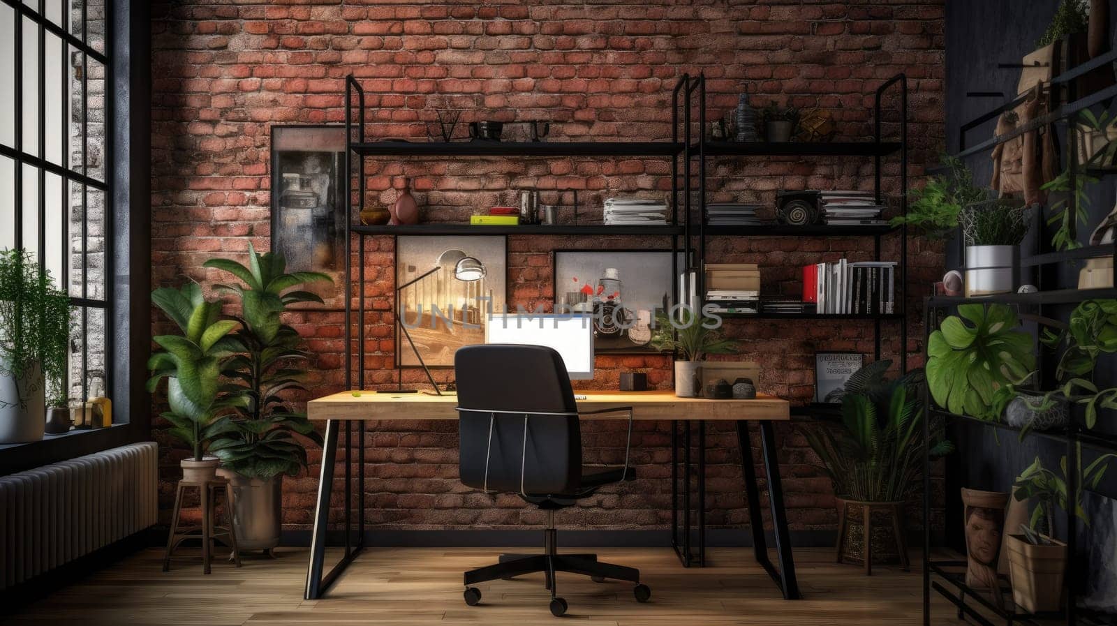 Inspiring office interior design Industrial style Office featuring Exposed brick wall architecture. Generative AI AIG 31.