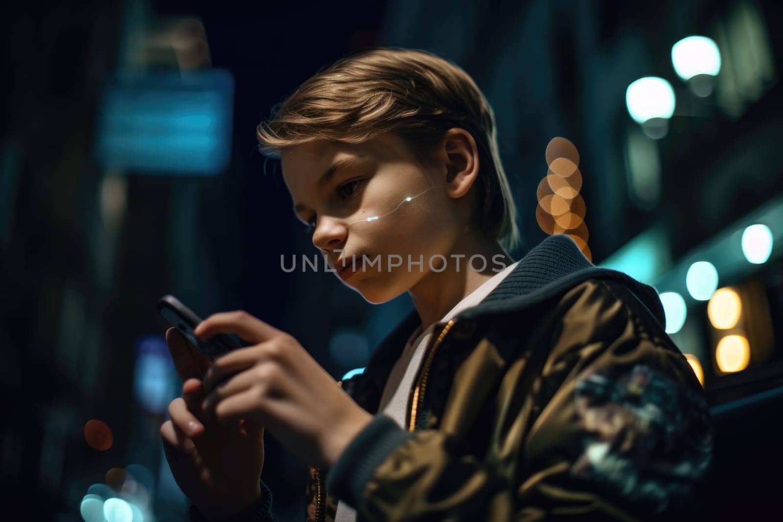 Low angle shot of a young caucasian 10-year-old little boy trendy clothes using mobile phone with background of urban city street at night. Generative AI AIG18. by biancoblue