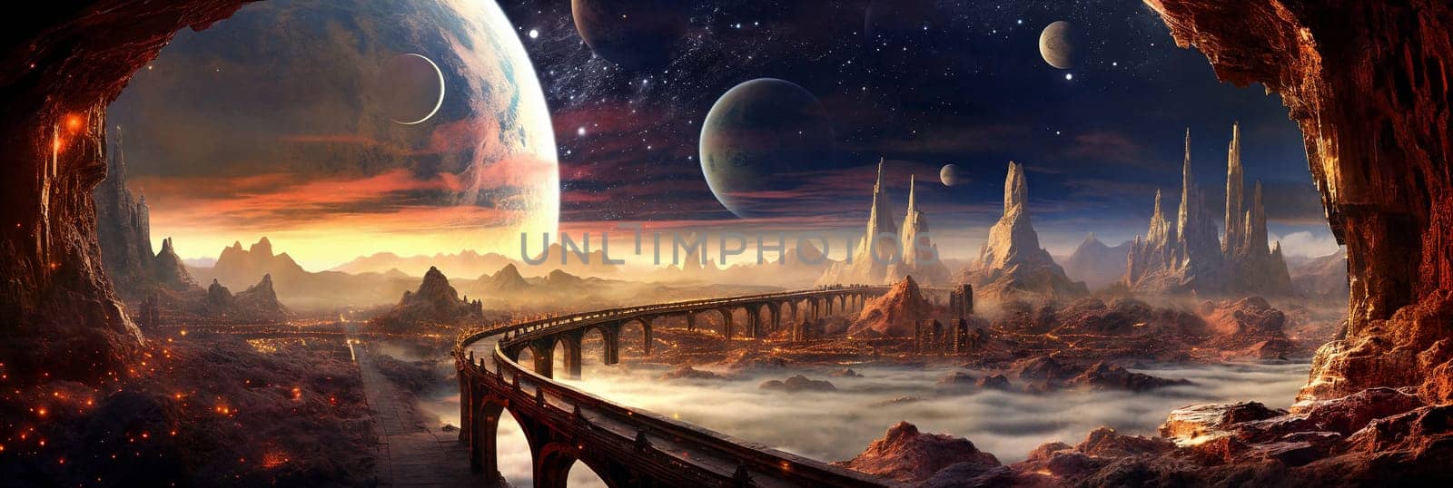 Bridge in the fantasy planet, mountains and night sky with stars and planets on background . AI Generative