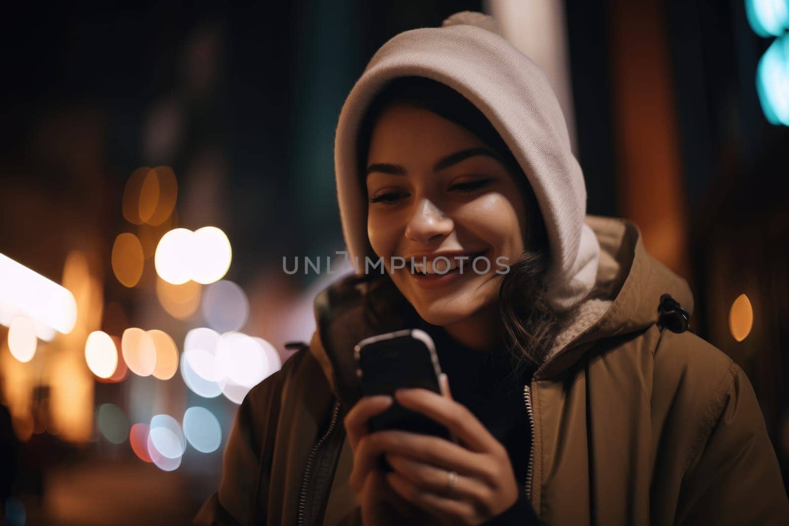 Low angle shot of a young mexican hispanic woman trendy clothes using mobile phone with background of urban city street at night. Generative AI AIG18.