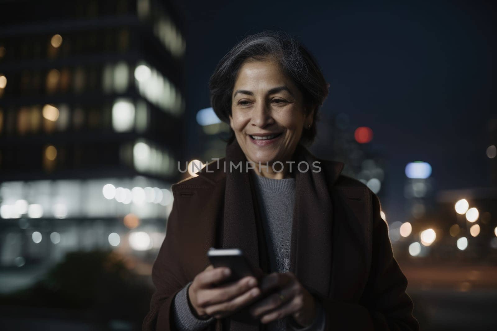 Wide angle shot of a senior mexican hispanic businesswoman executive using mobile phone with background of modern office buildings at night. Generative AI AIG18. by biancoblue