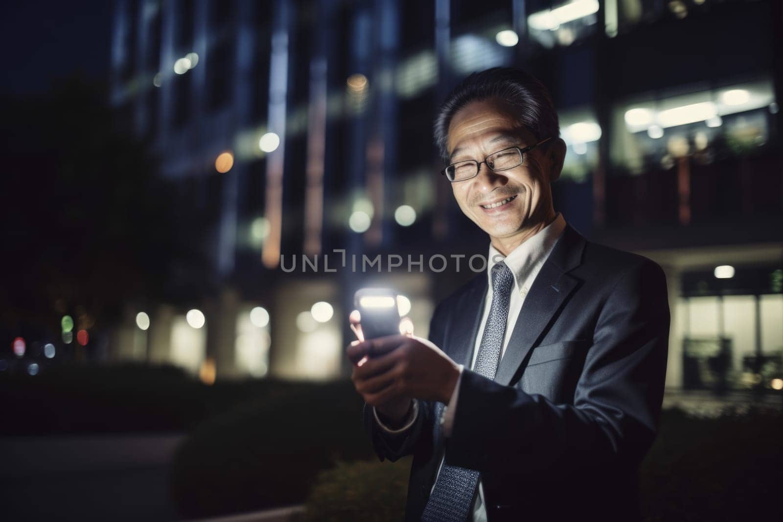 Wide angle shot of a senior chinese japanese businessman executive using mobile phone with background of modern office buildings at night. Generative AI AIG18.