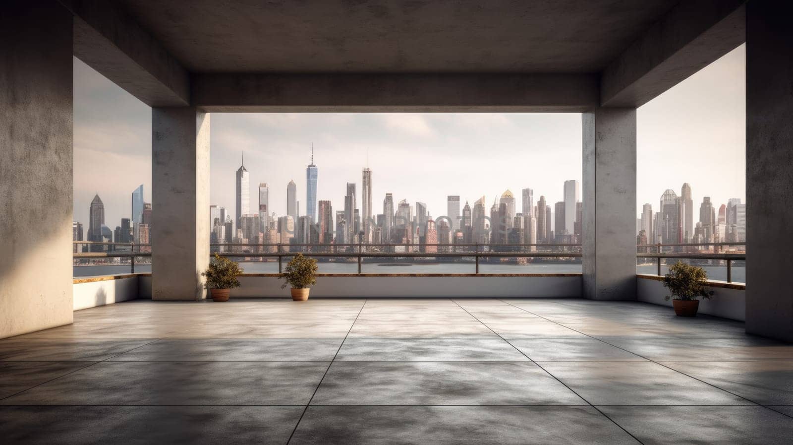 empty concrete courtyard with blur background of skyline. generative ai AIG32 by biancoblue