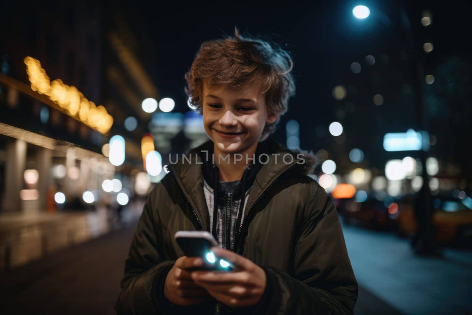 Wide angle shot of a young caucasian 10-year-old little boy trendy clothes using mobile phone with background of urban city street at night. Generative AI AIG18. by biancoblue