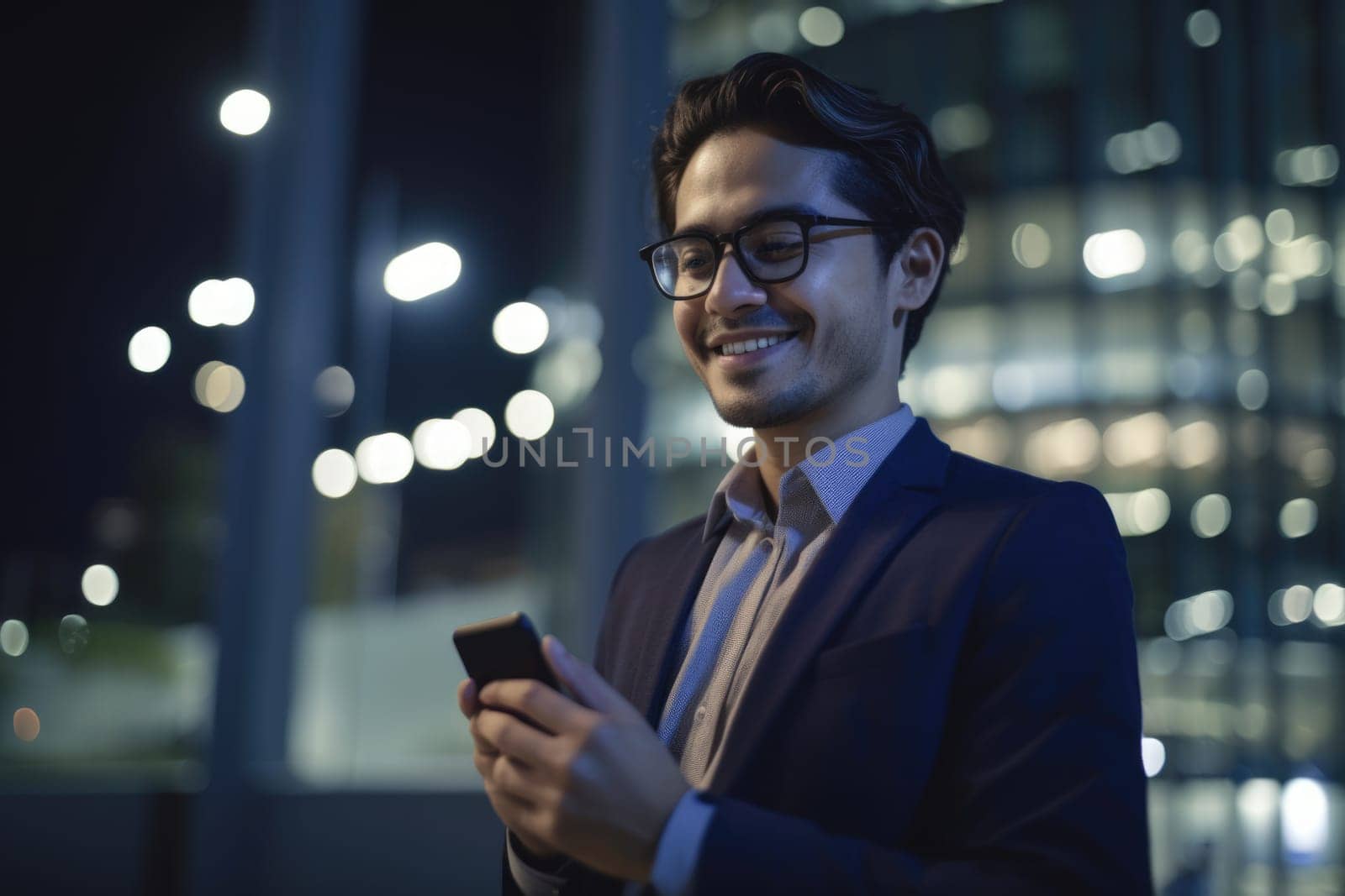 a young mexican hispanic businessman executive using mobile phone with background of modern office buildings at night Generative AI AIG18. by biancoblue