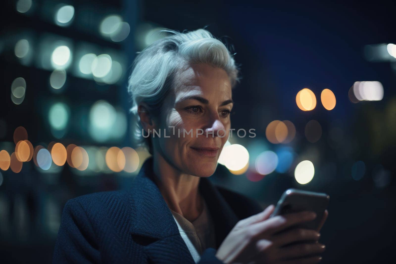 a senior caucasian businesswoman executive using mobile phone with background of modern office buildings at night Generative AI AIG18.